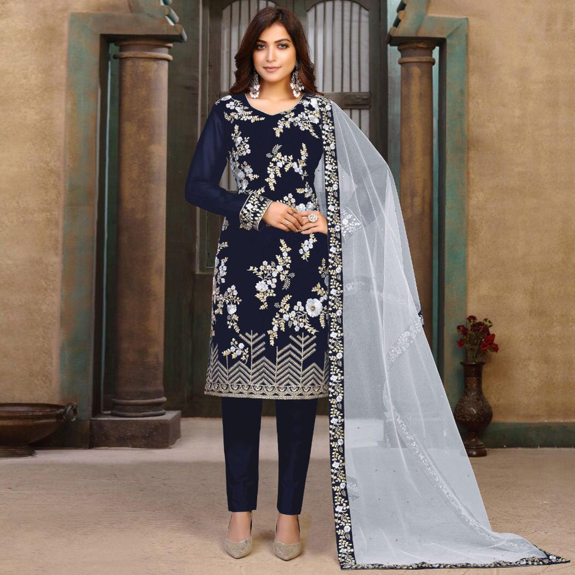 Royal Blue Partywear Embroidered Heavy Faux Georgette Salwar Suit - Peachmode