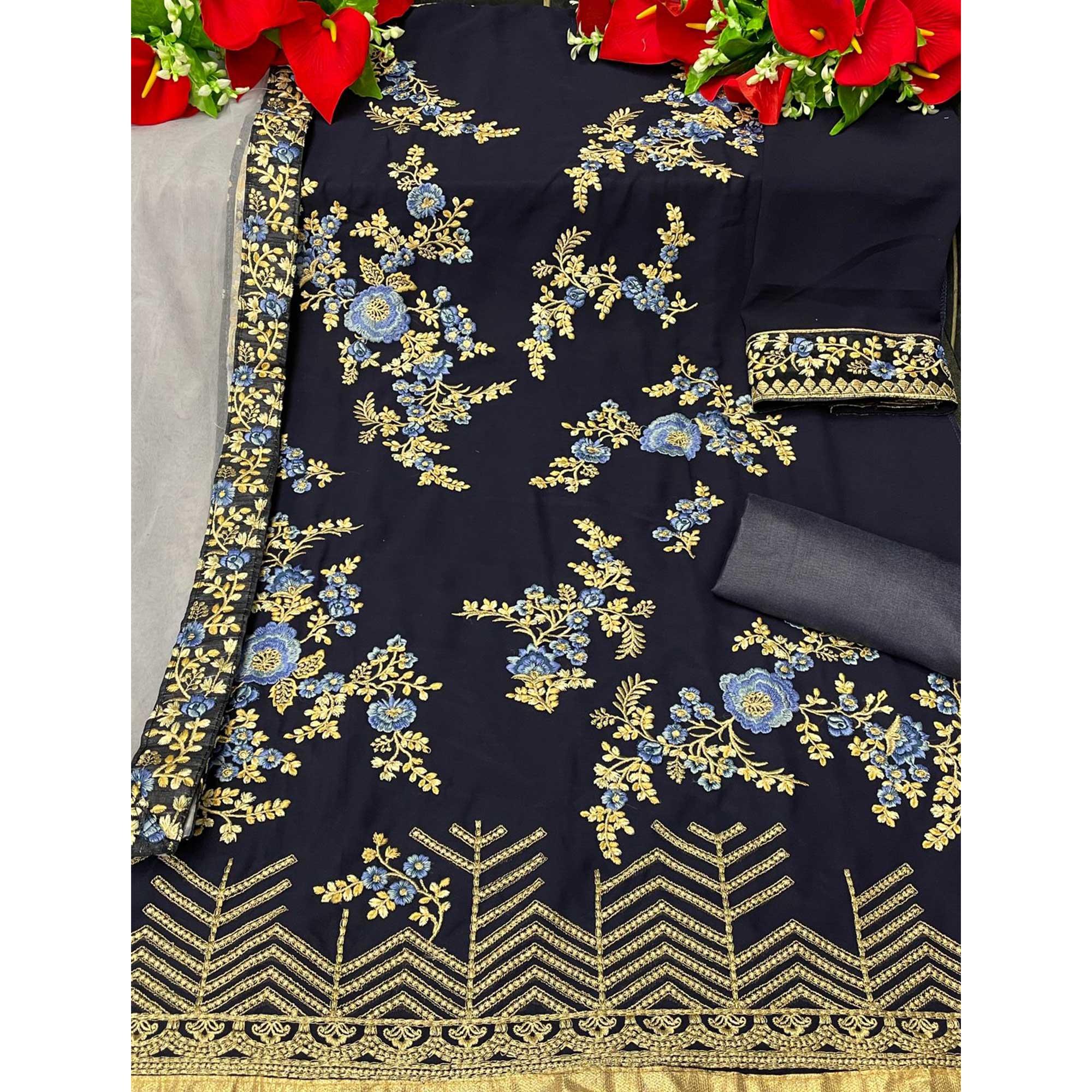 Royal Blue Partywear Embroidered Heavy Faux Georgette Salwar Suit - Peachmode