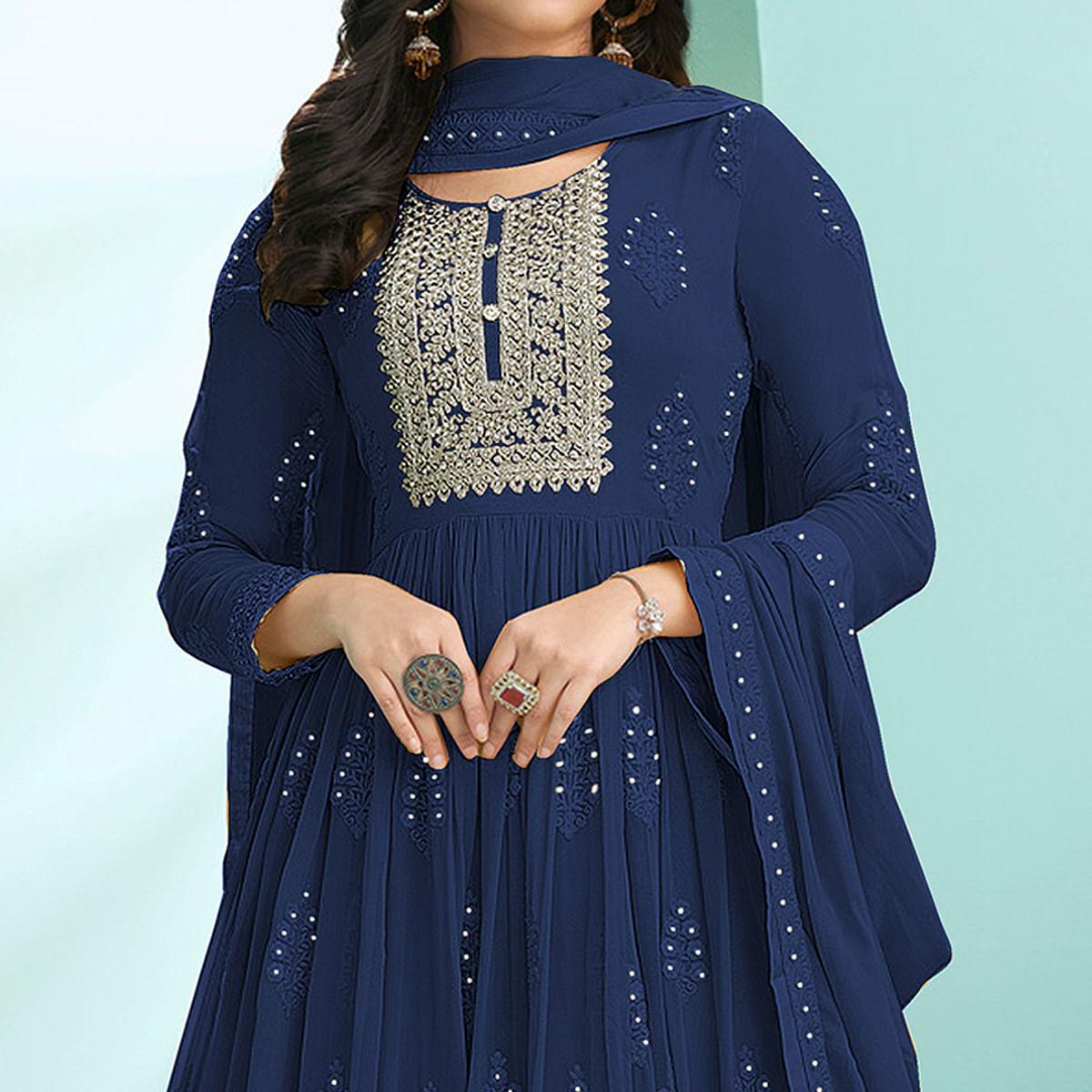 Royal Blue Partywear Embroidery With Embellished Georgette Gown - Peachmode