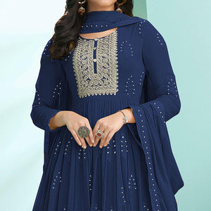 Royal Blue Partywear Embroidery With Embellished Georgette Gown - Peachmode