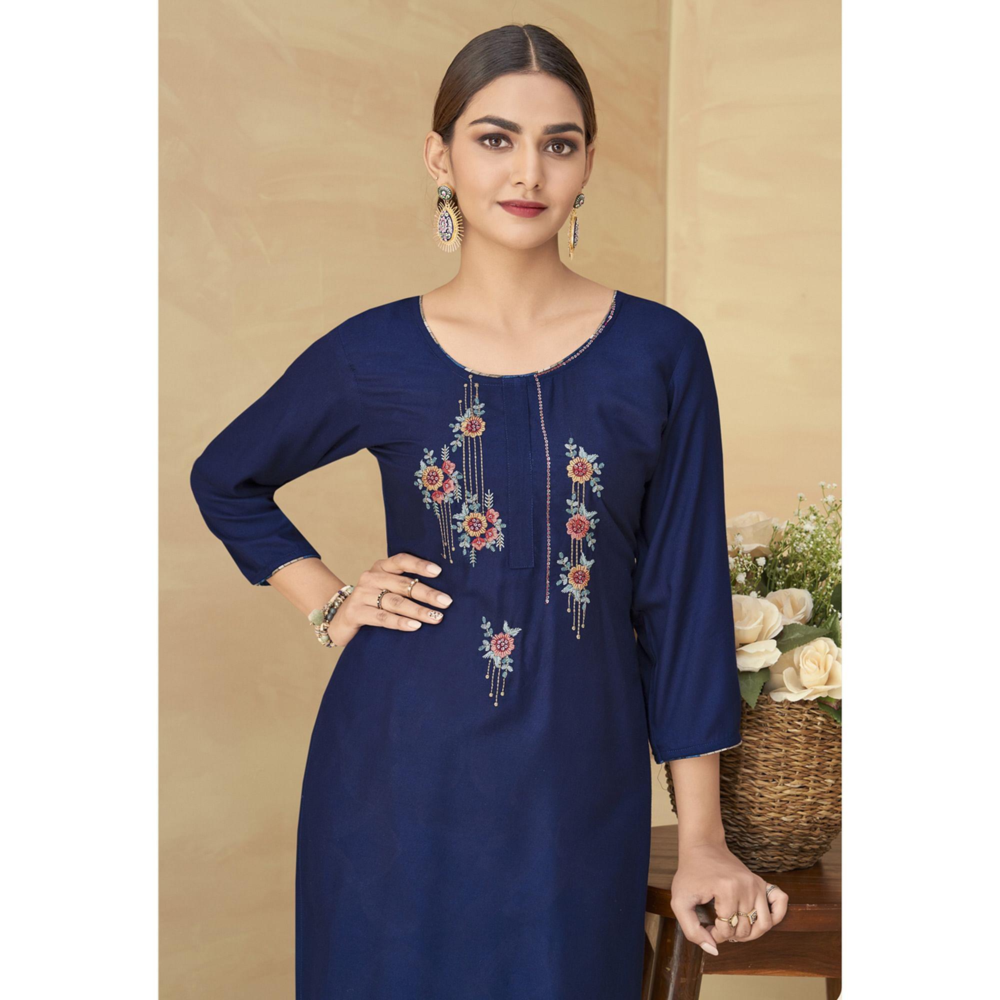 Royal Blue Partywear Floral Embroidered Rayon Kurti Palazzo Set - Peachmode