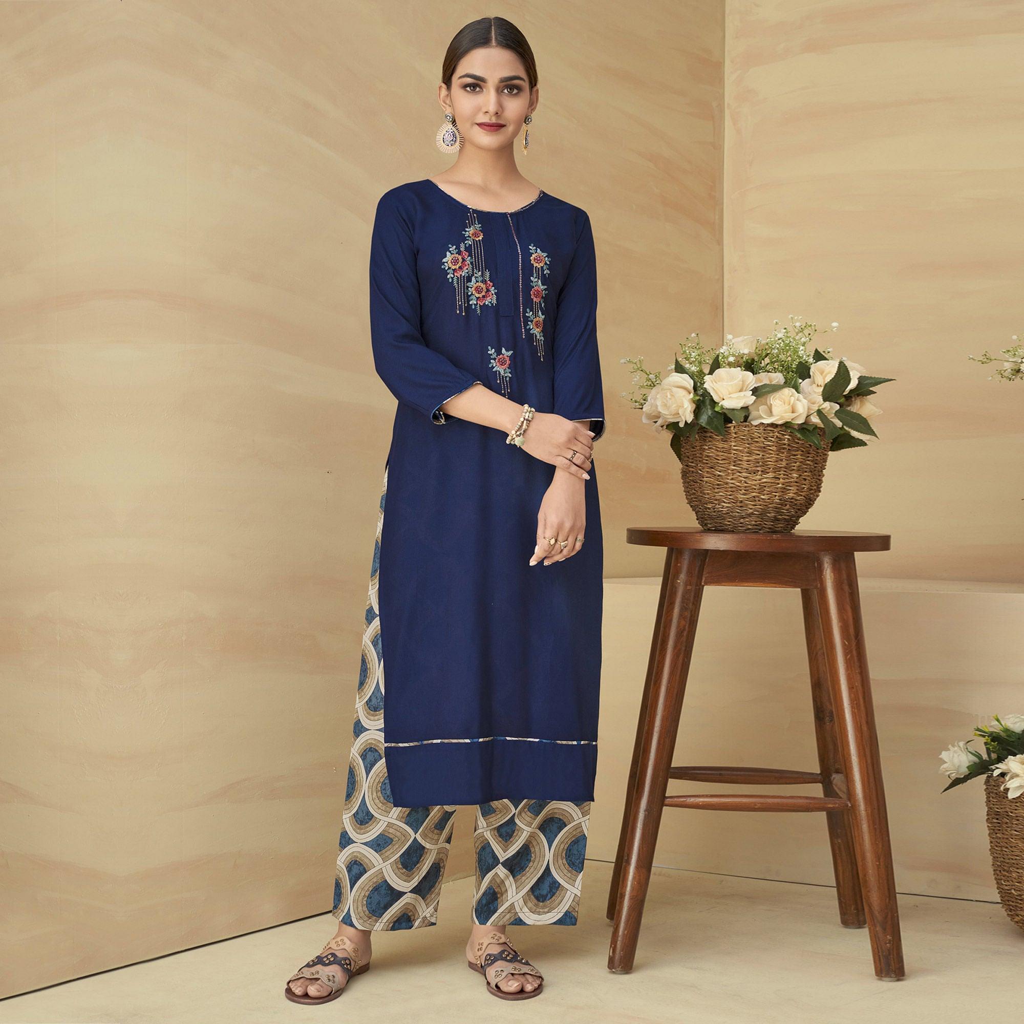 Royal Blue Partywear Floral Embroidered Rayon Kurti Palazzo Set - Peachmode
