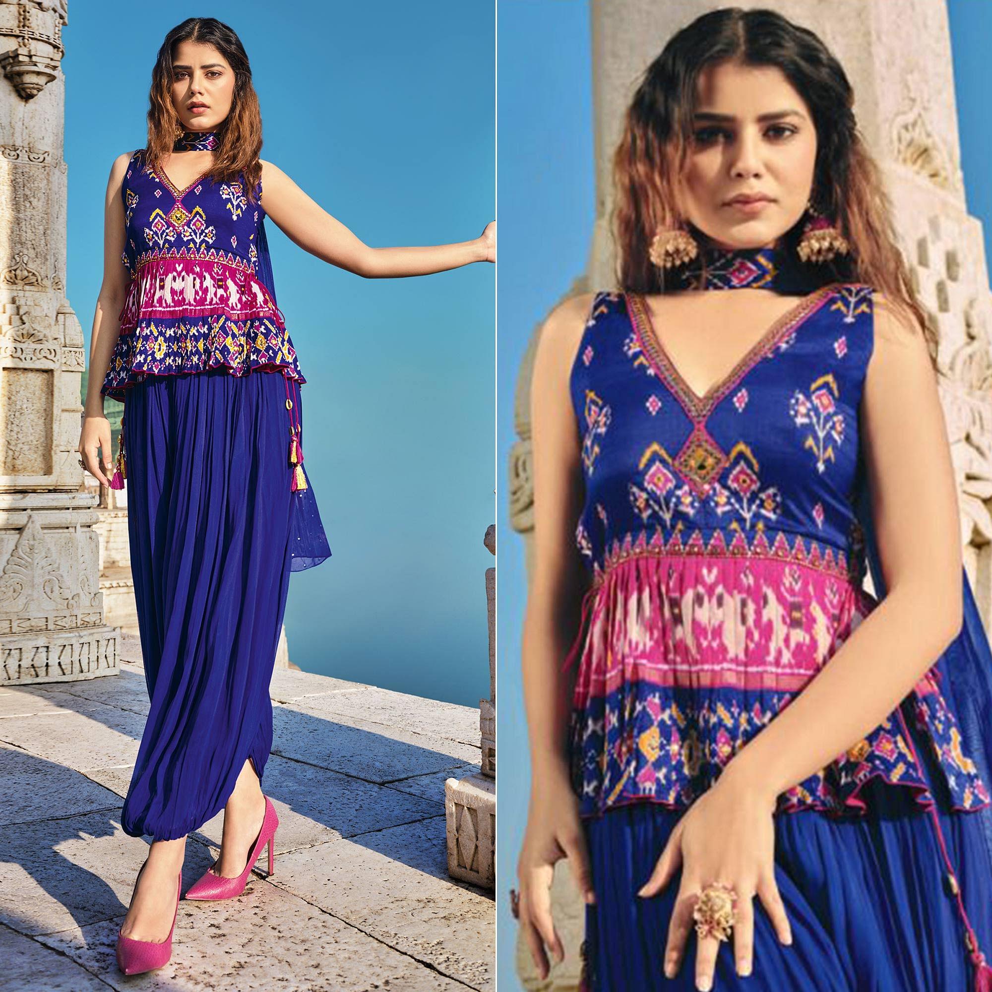 Royal Blue Partywear Patola Printed Silk Dhoti Suit - Peachmode
