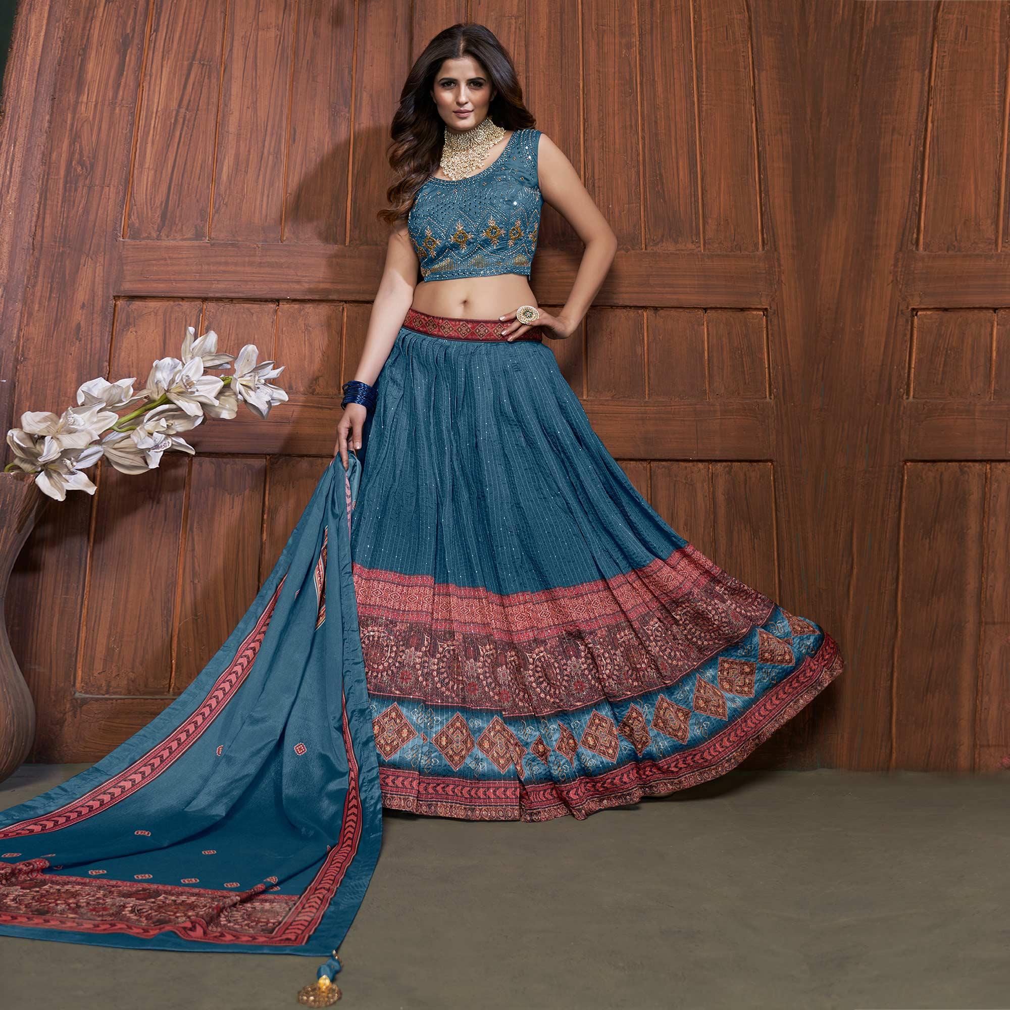 Royal Blue Partywear Resham Sequence Chiffon Lehenga Choli - Peachmode