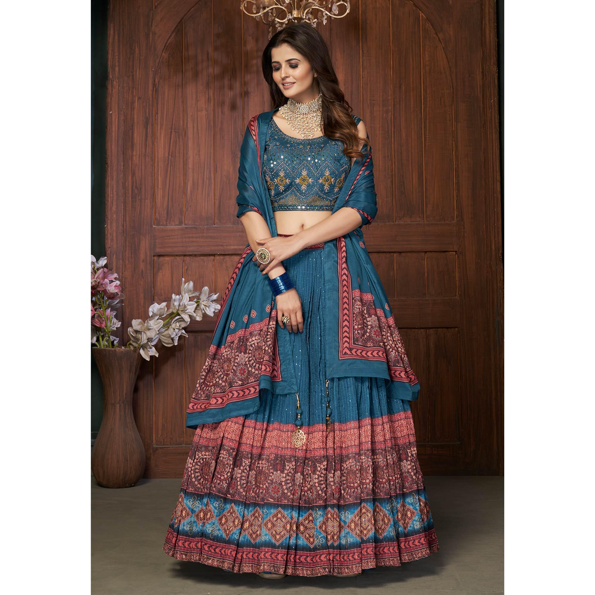Royal Blue Partywear Resham Sequence Chiffon Lehenga Choli - Peachmode