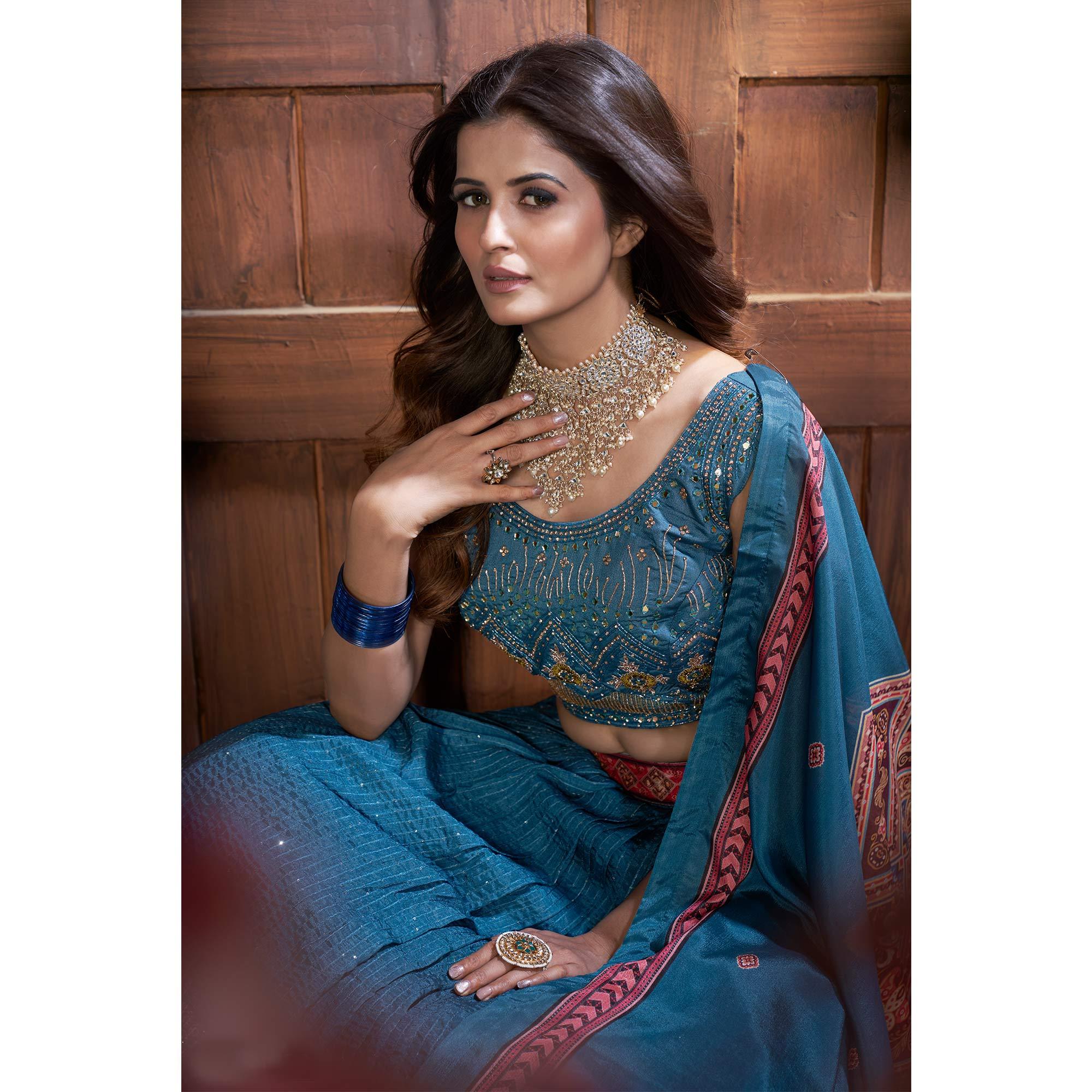 Royal Blue Partywear Resham Sequence Chiffon Lehenga Choli - Peachmode
