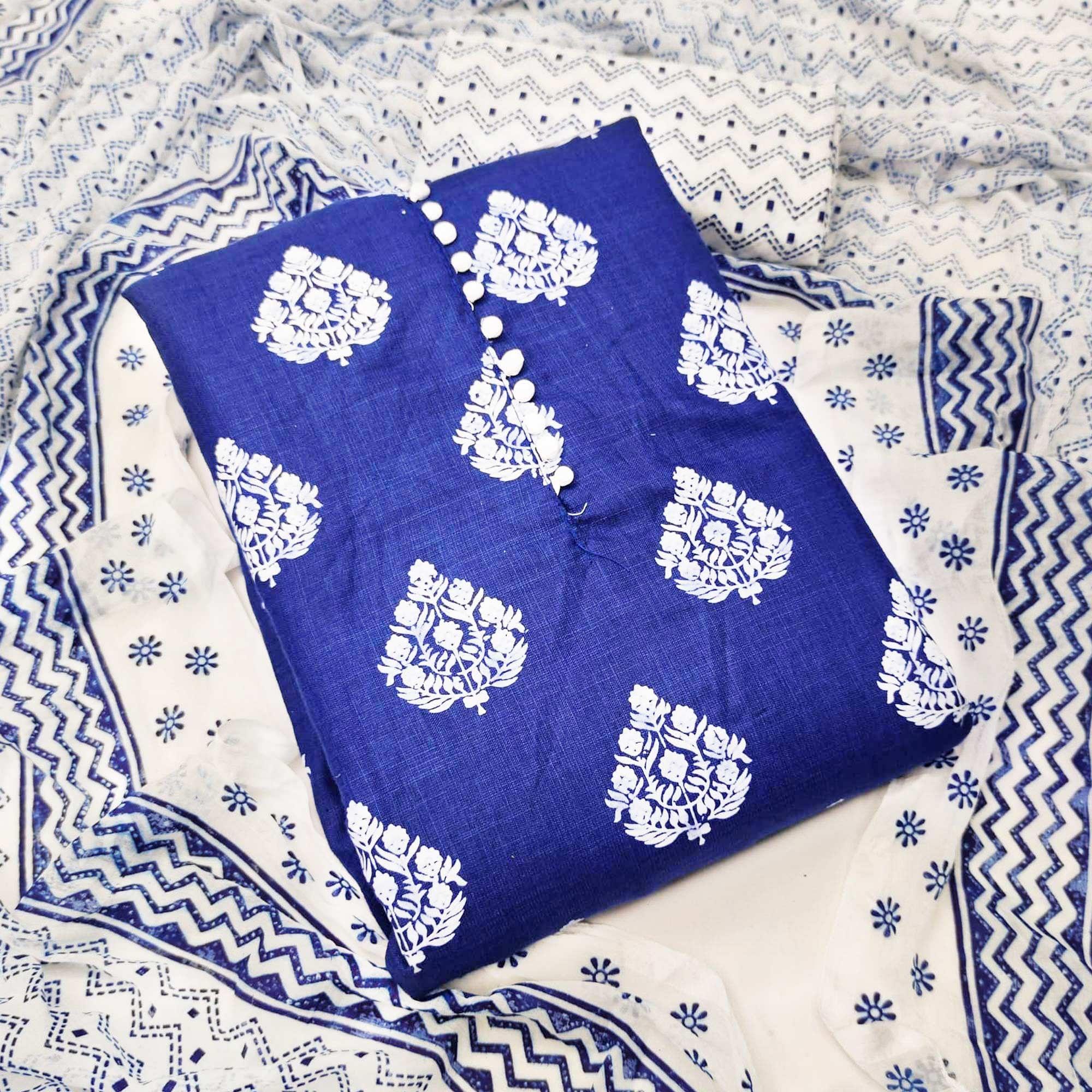 Royal Blue Printed Cotton Dress Material - Peachmode