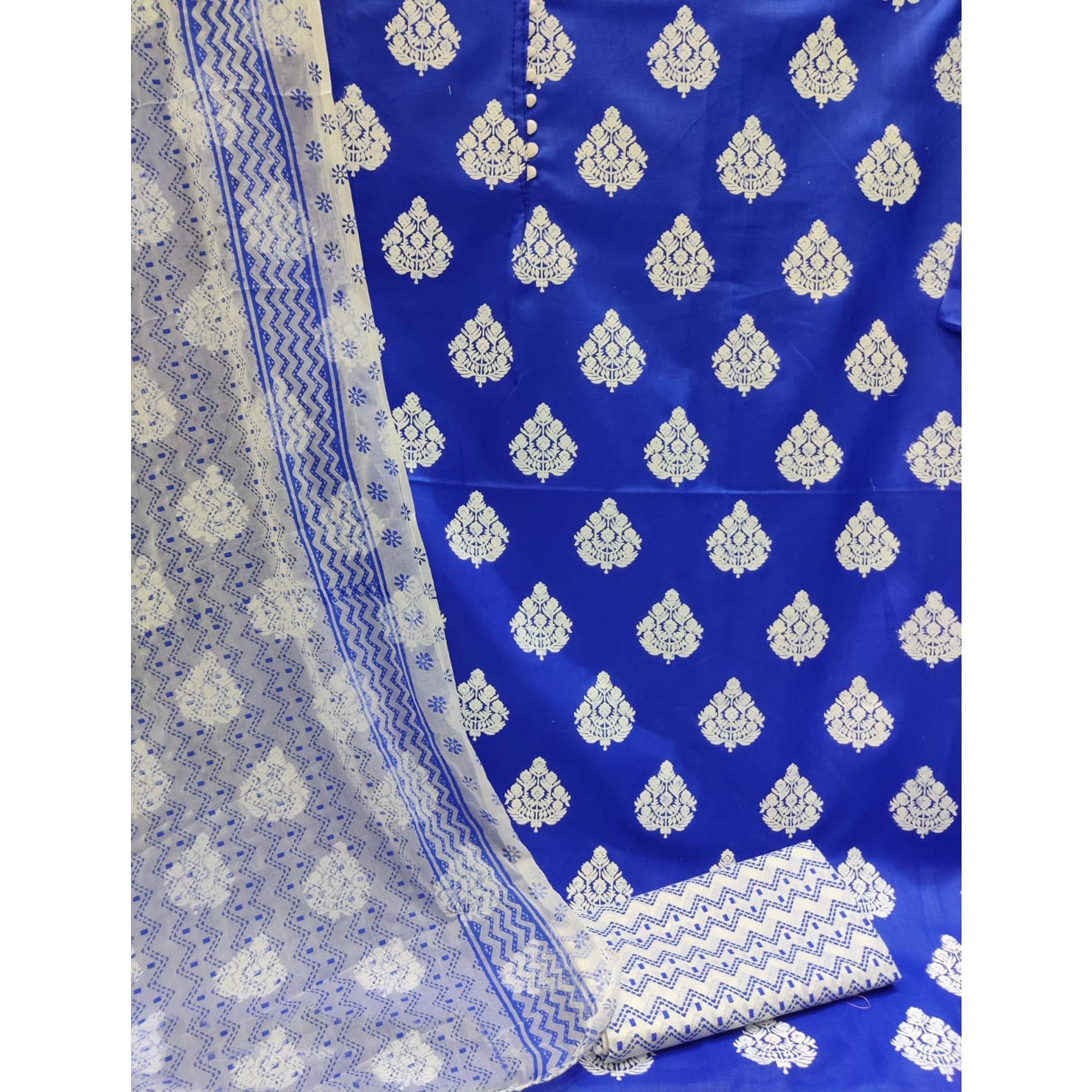 Royal Blue Printed Cotton Dress Material - Peachmode