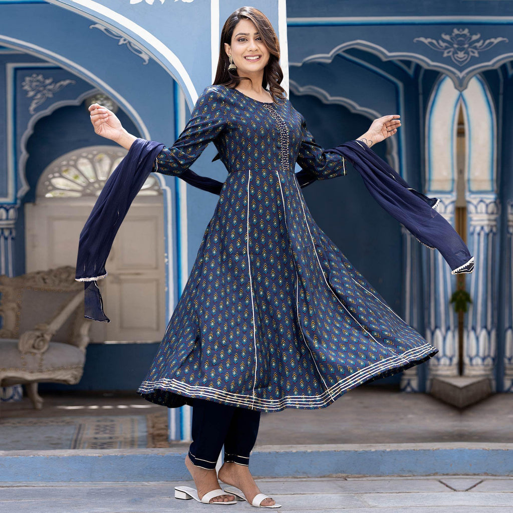 Royal Blue Solid Anarkali Pant Suit