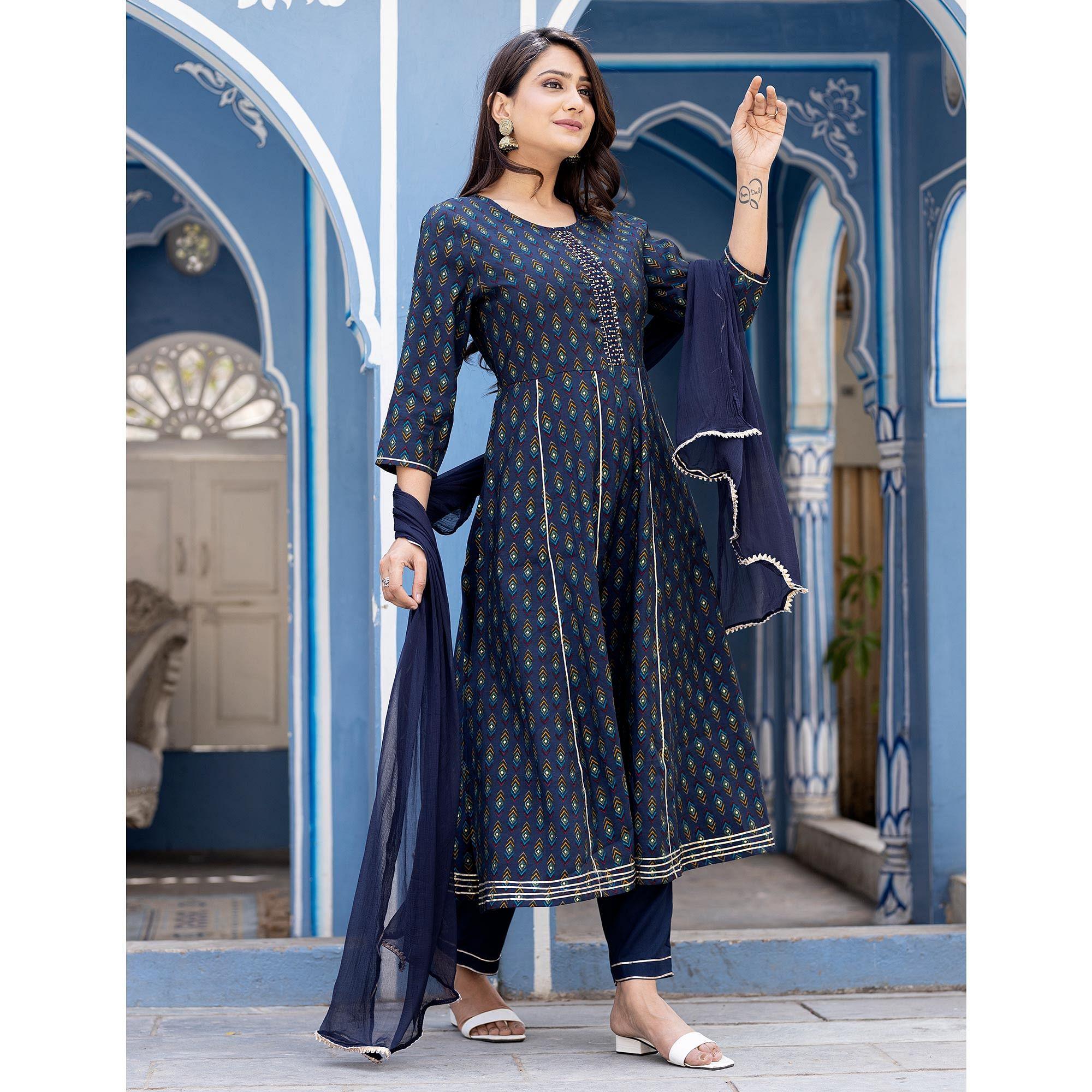 Royal Blue Printed With Embroidery Cotton Silk Anarkali Suit - Peachmode