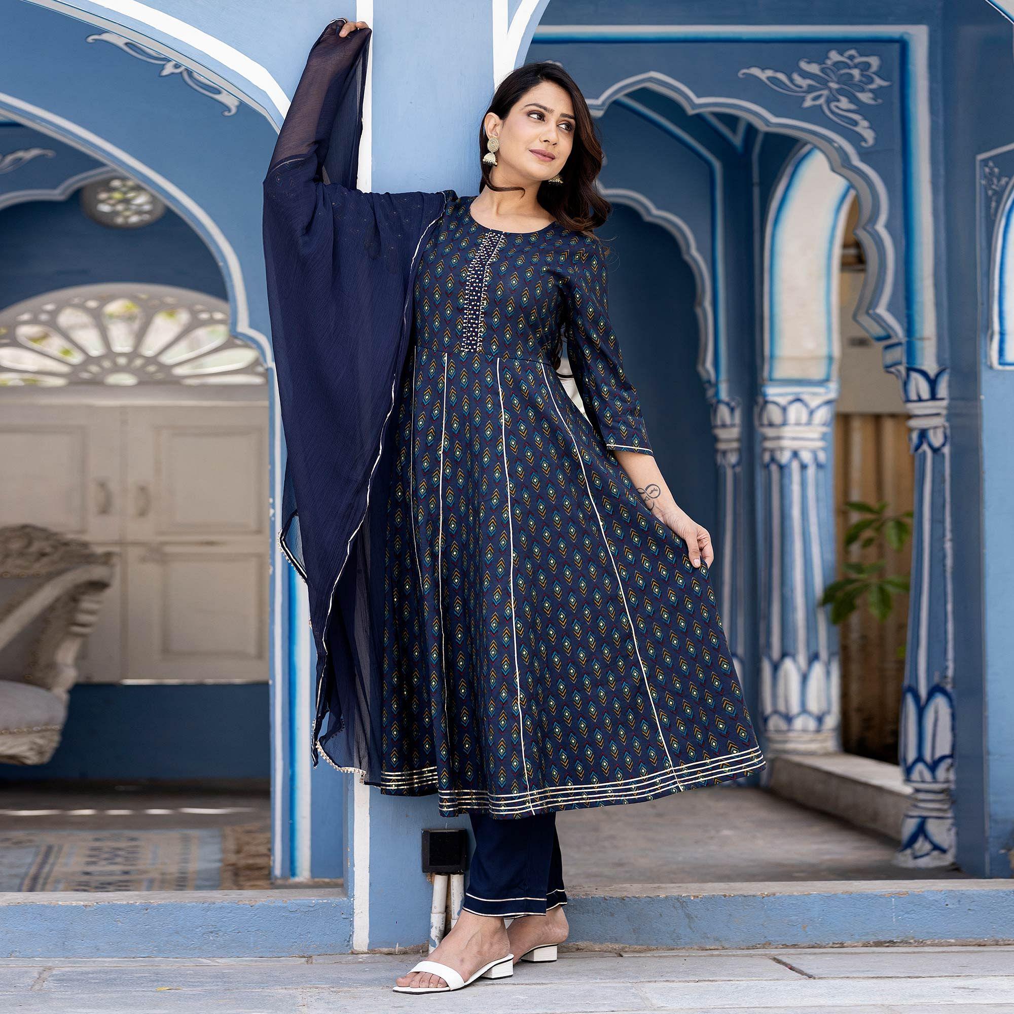Royal Blue Printed With Embroidery Cotton Silk Anarkali Suit - Peachmode