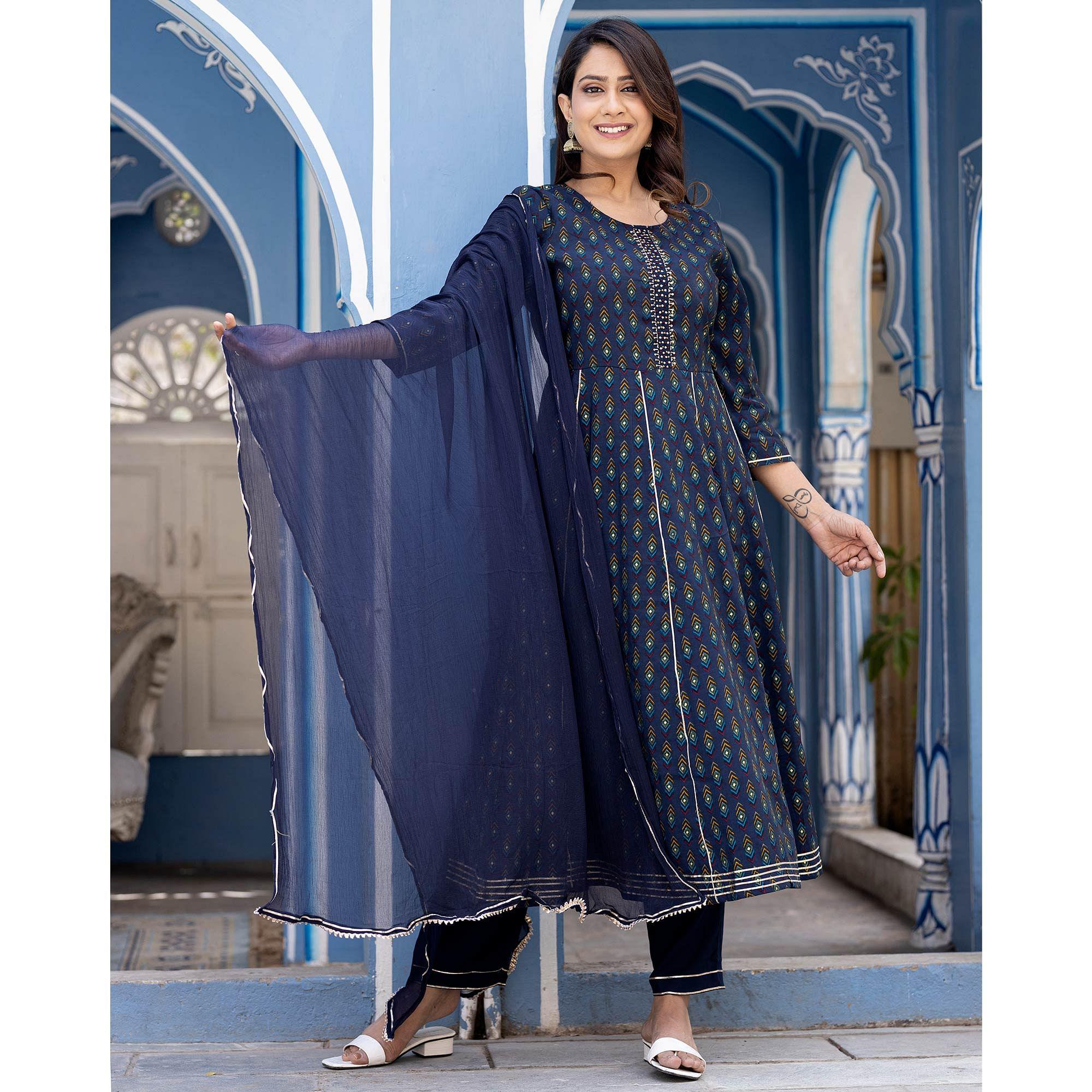 Royal Blue Printed With Embroidery Cotton Silk Anarkali Suit - Peachmode