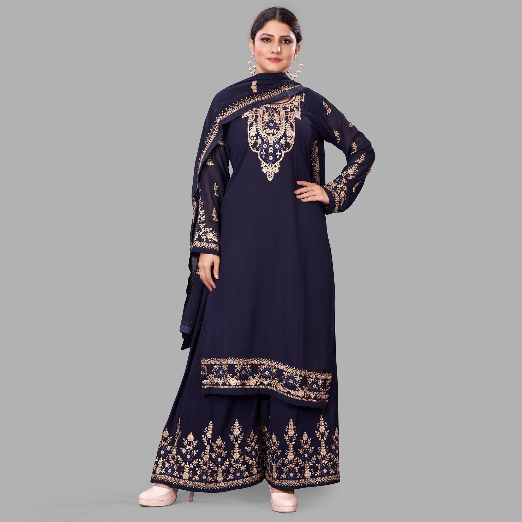 Royal Blue Semi Party Wear Embroidered Heavy Georgette Palazzo Suit - Peachmode