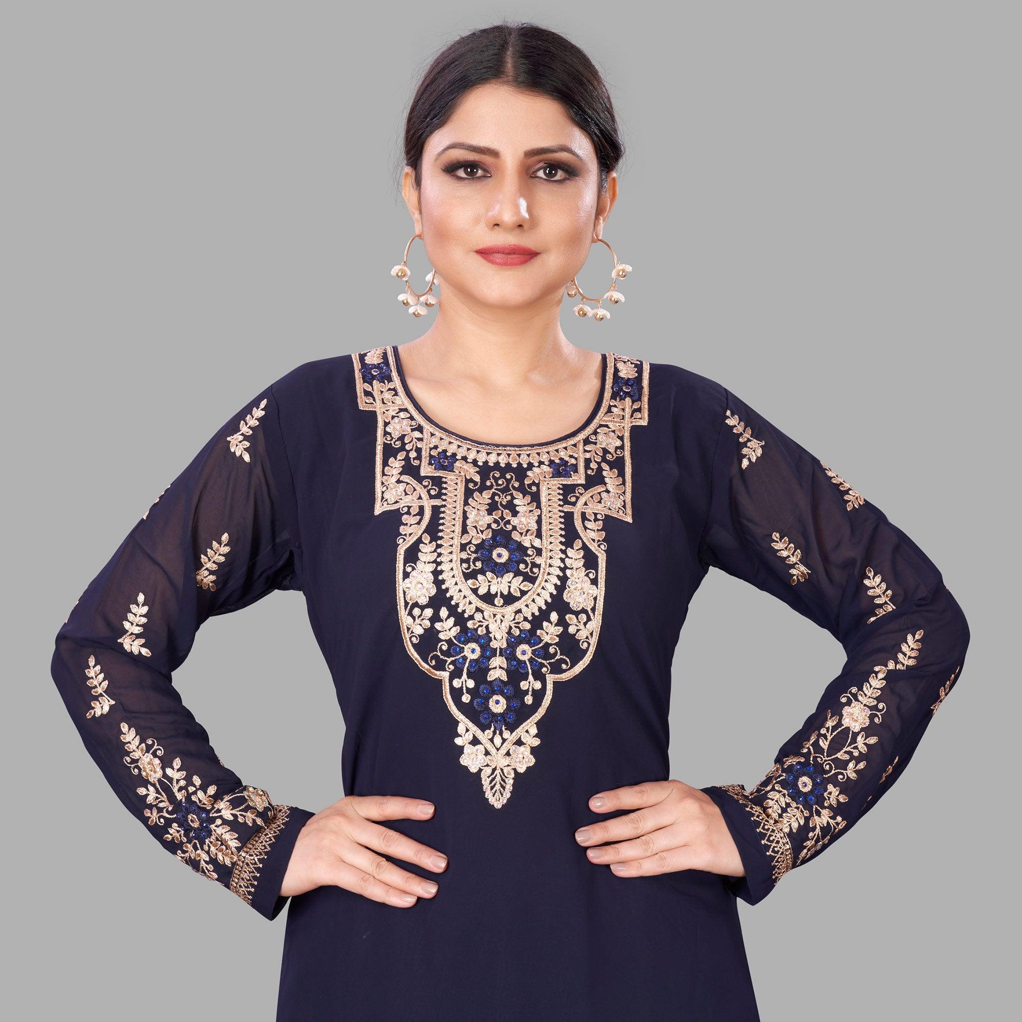 Royal Blue Semi Party Wear Embroidered Heavy Georgette Palazzo Suit - Peachmode