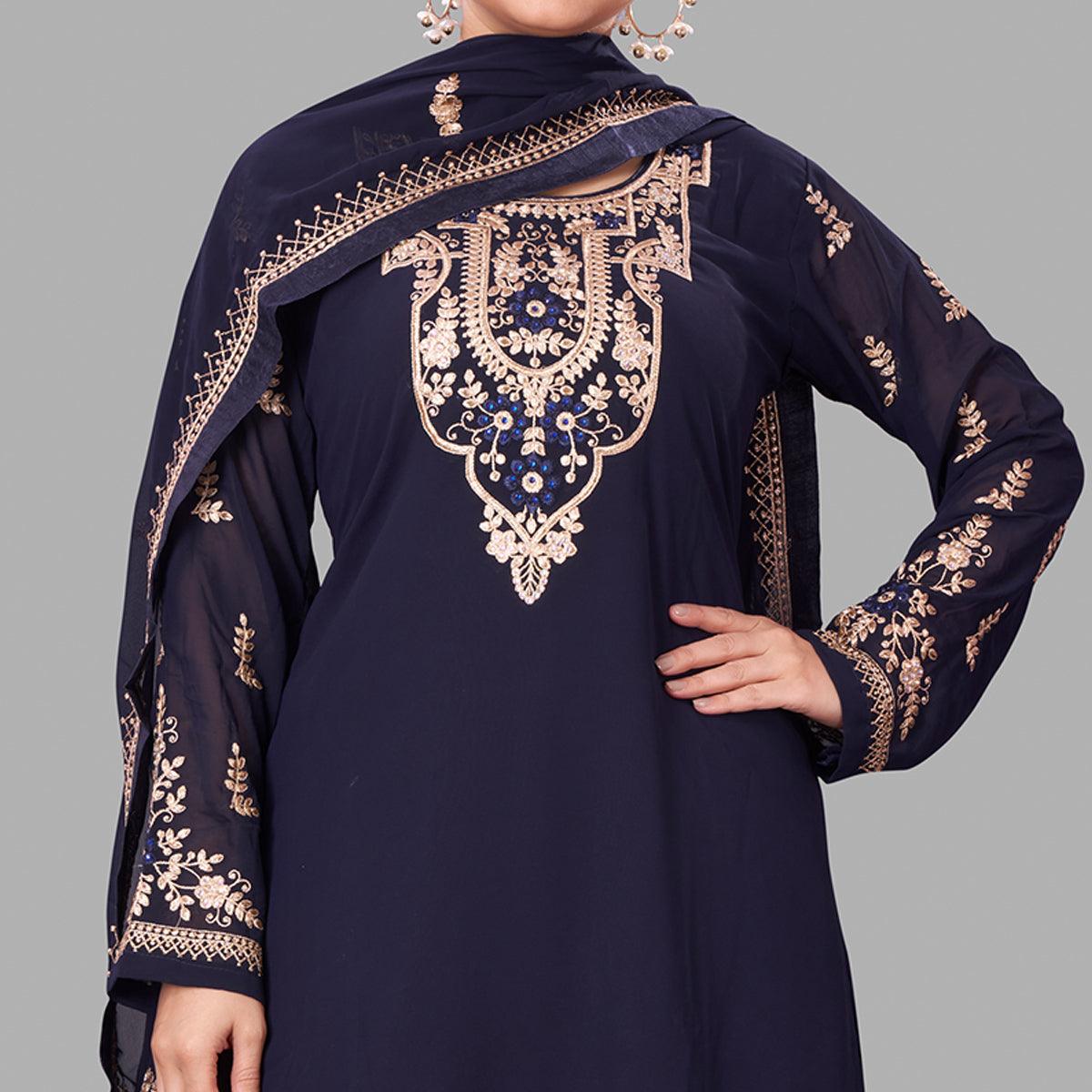 Royal Blue Semi Party Wear Embroidered Heavy Georgette Palazzo Suit - Peachmode