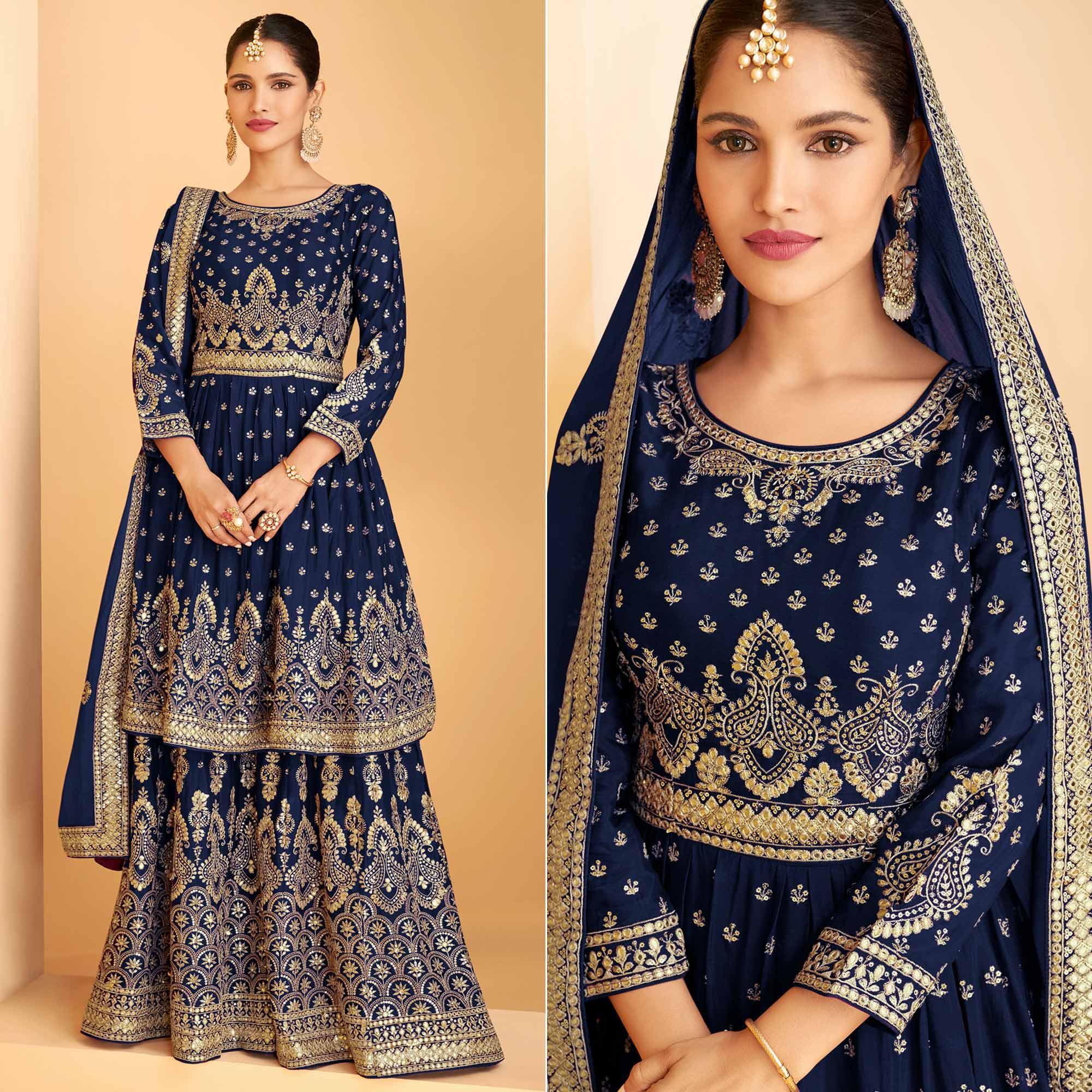 Royal Blue Sequence Embroidered Georgette Sharara Suit - Peachmode