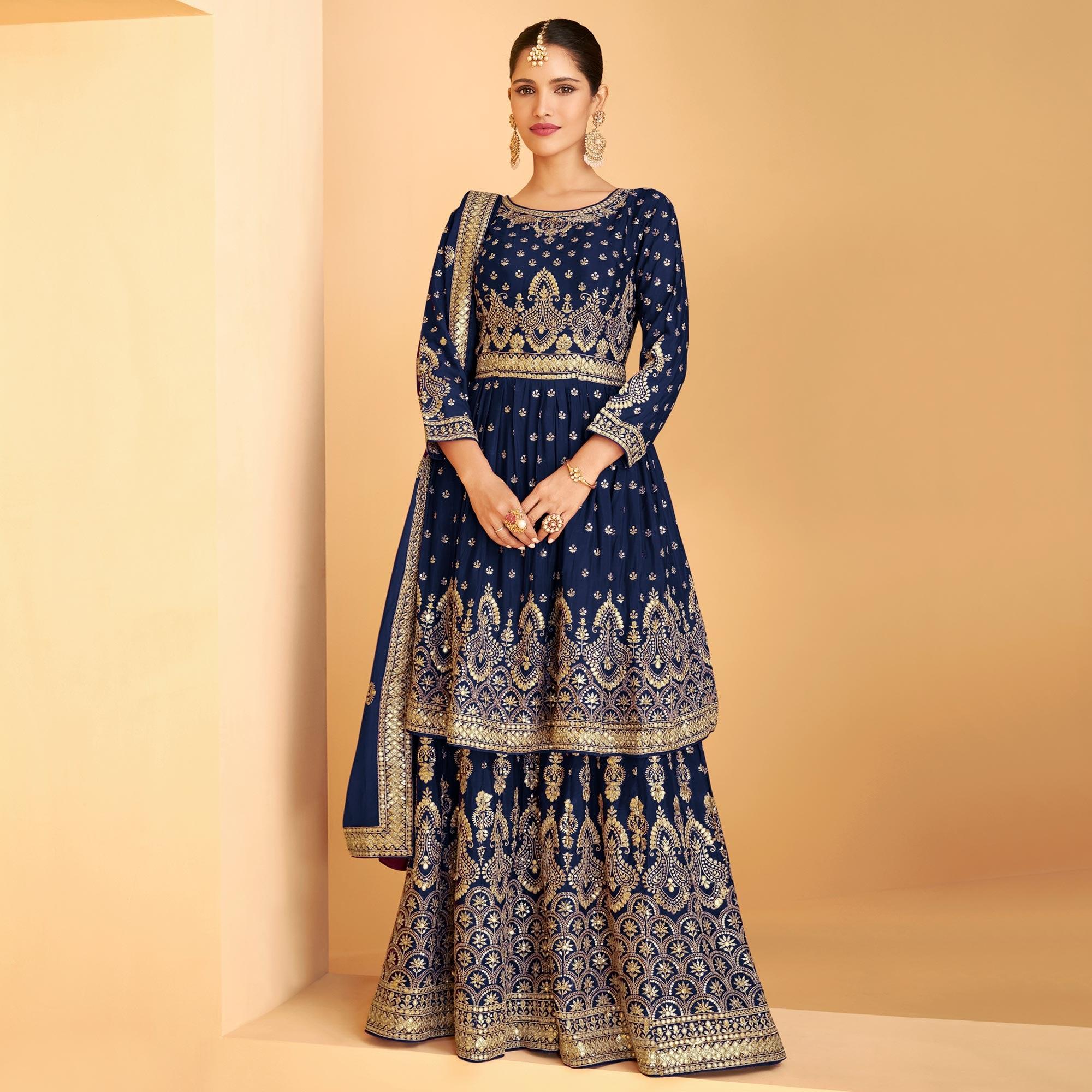 Royal Blue Sequence Embroidered Georgette Sharara Suit - Peachmode