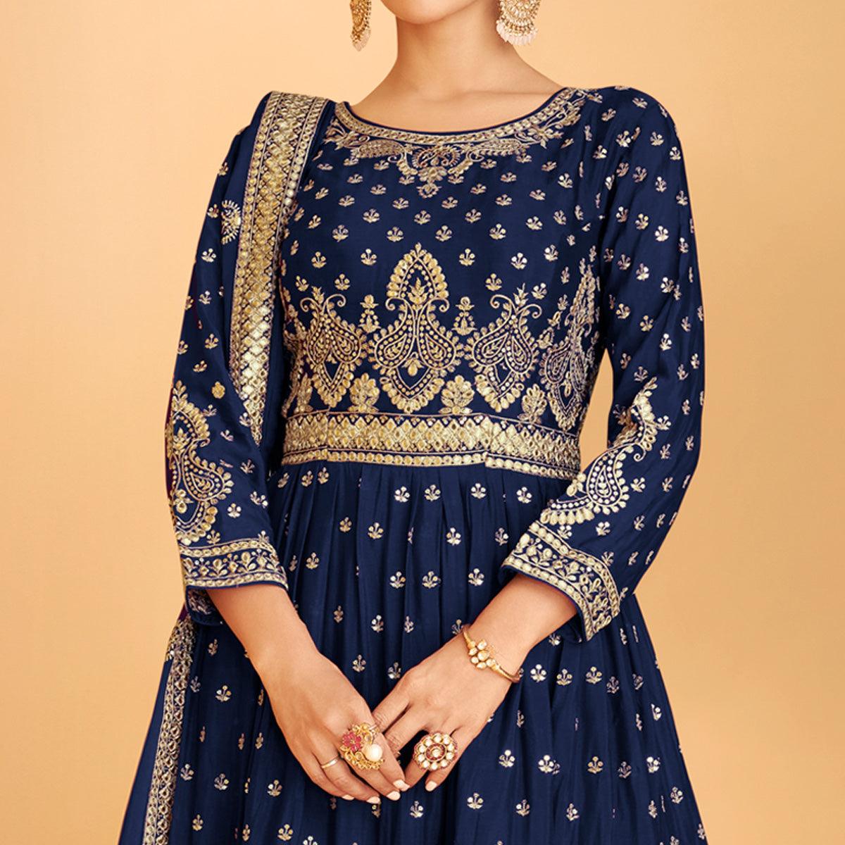Royal Blue Sequence Embroidered Georgette Sharara Suit - Peachmode