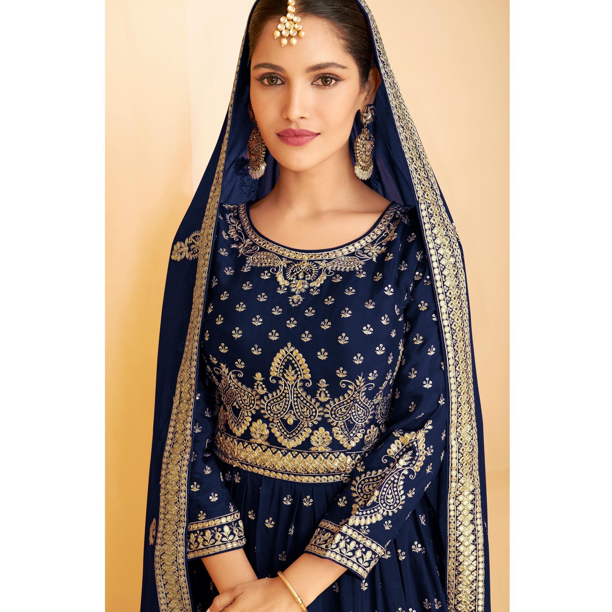 Royal Blue Sequence Embroidered Georgette Sharara Suit - Peachmode