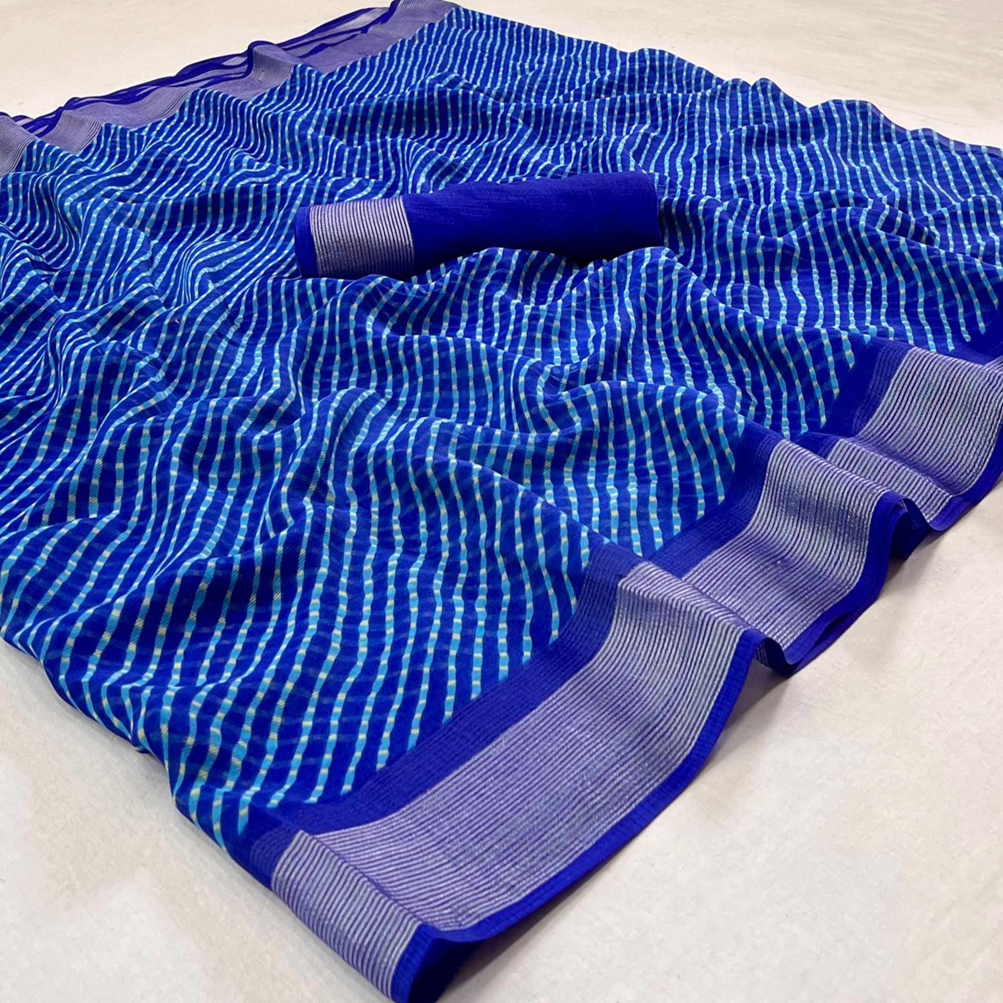 Royal Blue Stripes Printed Chiffon Saree - Peachmode