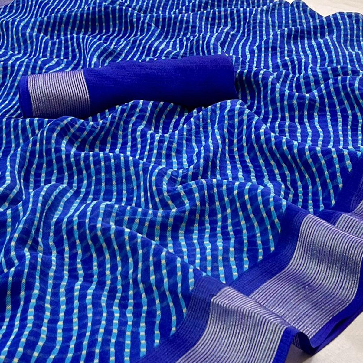 Royal Blue Stripes Printed Chiffon Saree - Peachmode