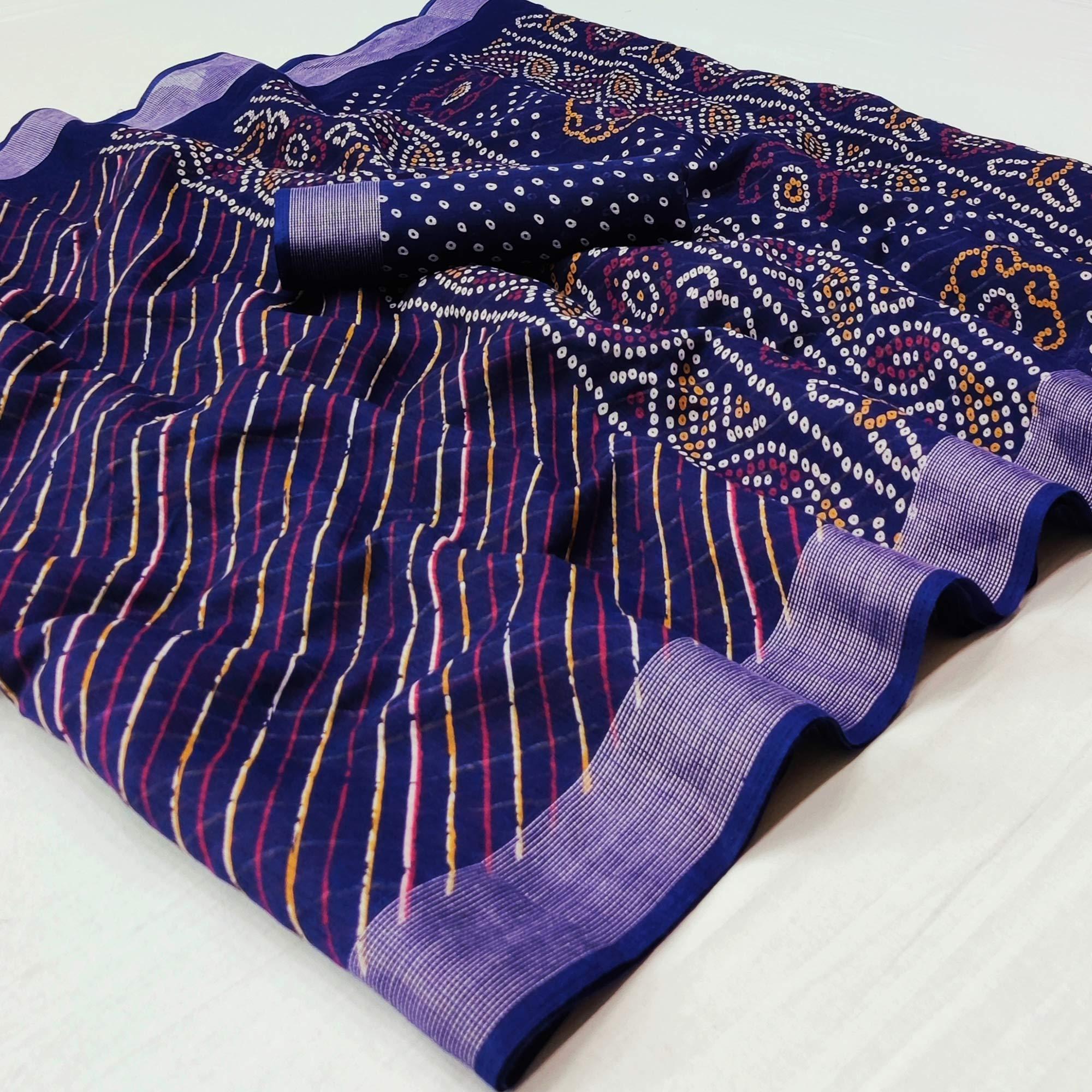 Royal Blue Stripes Printed Poly Cotton Saree - Peachmode