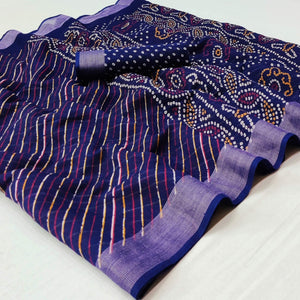 Royal Blue Stripes Printed Poly Cotton Saree - Peachmode