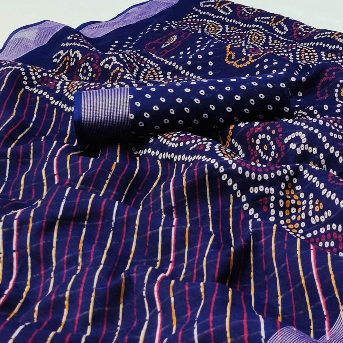 Royal Blue Stripes Printed Poly Cotton Saree - Peachmode