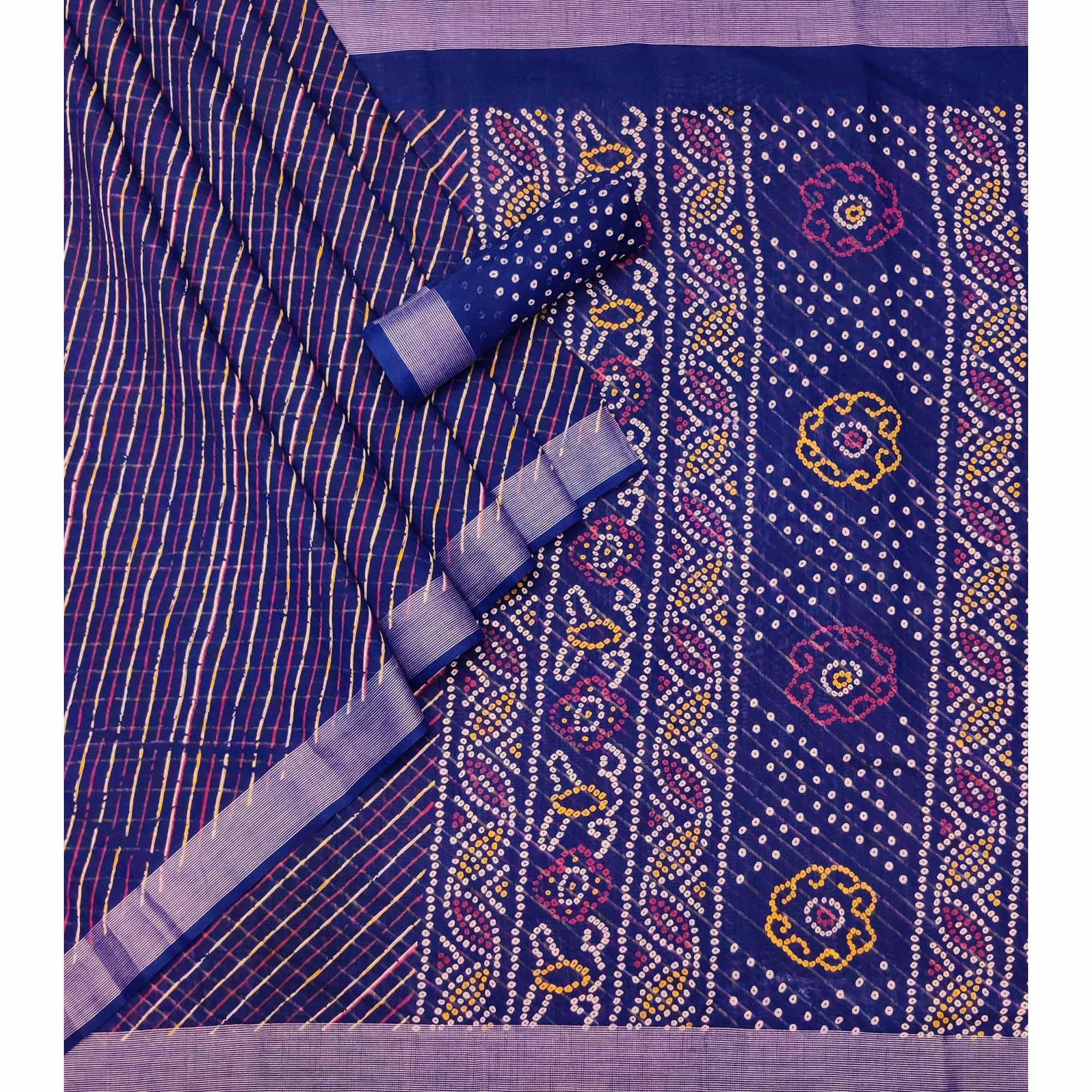 Royal Blue Stripes Printed Poly Cotton Saree - Peachmode