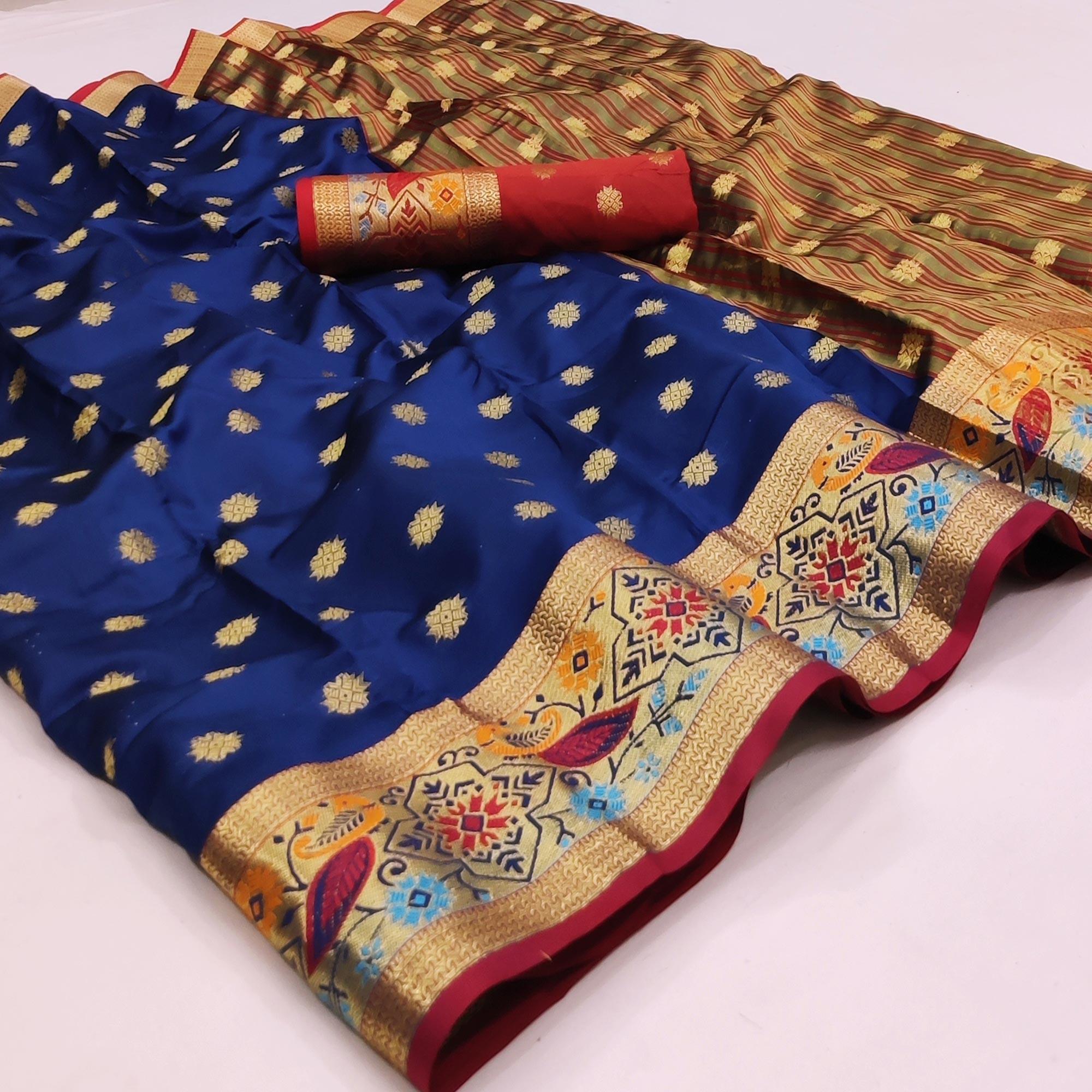 Royal Blue Woven Art Silk Saree - Peachmode