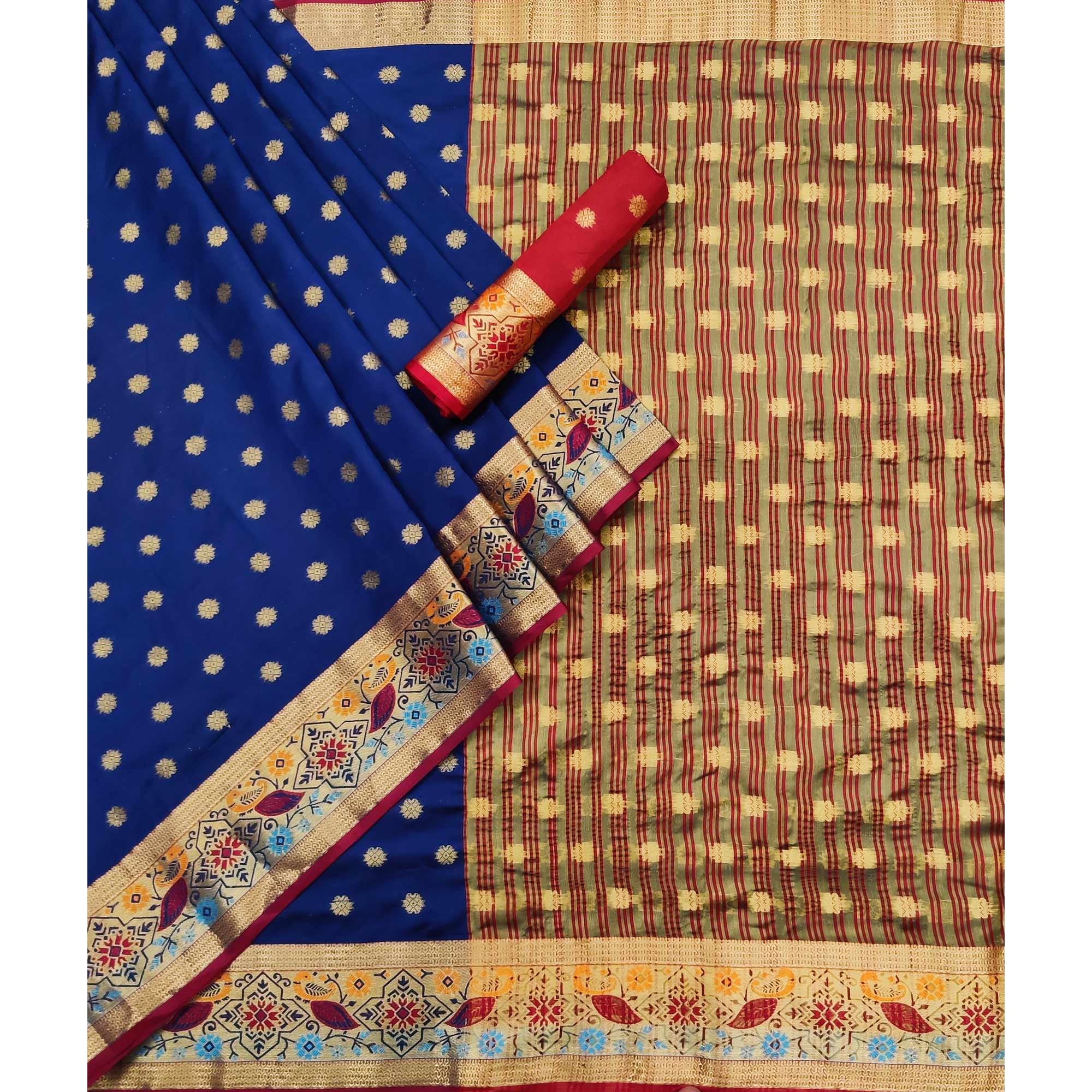 Royal Blue Woven Art Silk Saree - Peachmode