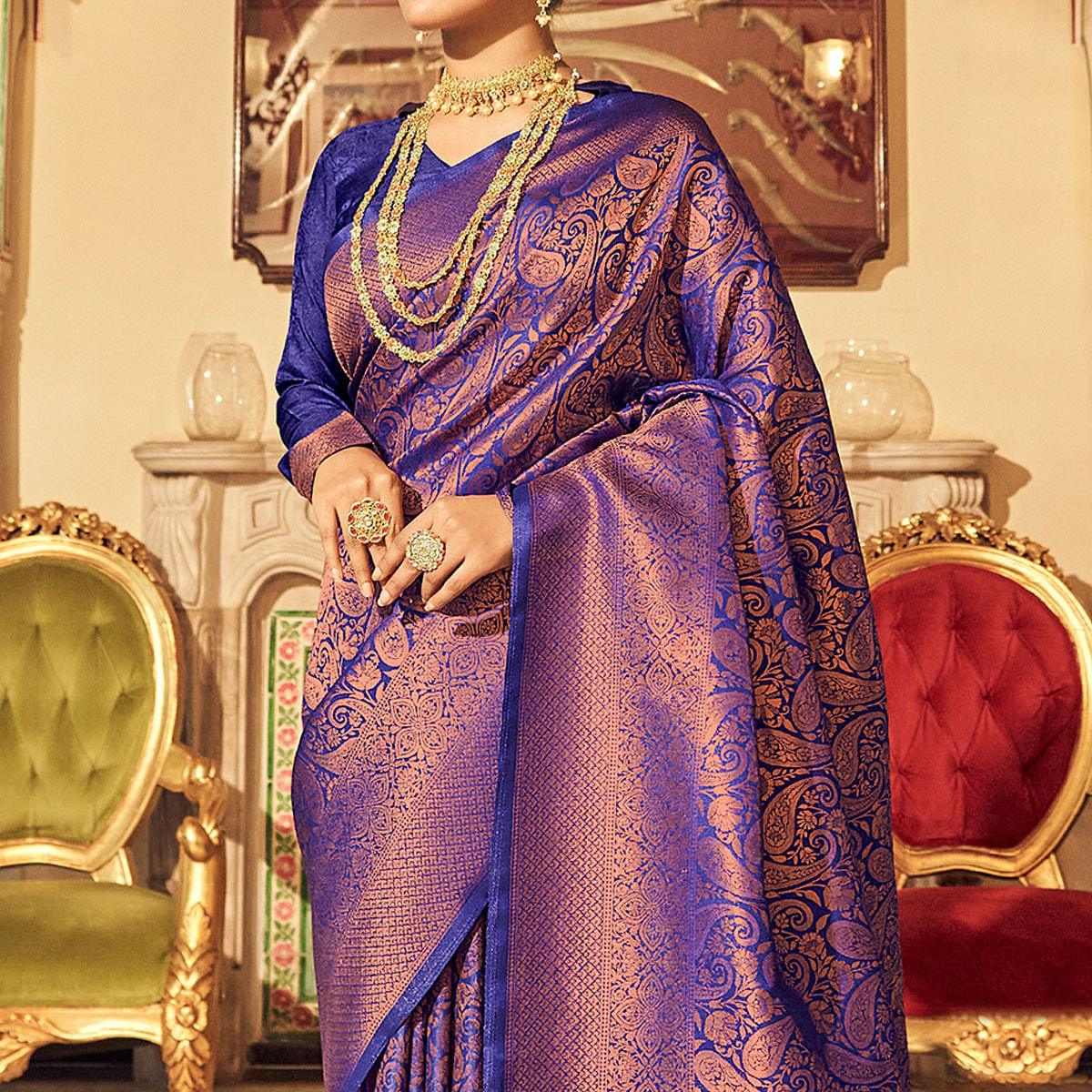 Royal Blue Woven Art Silk Saree With Tassels - Peachmode