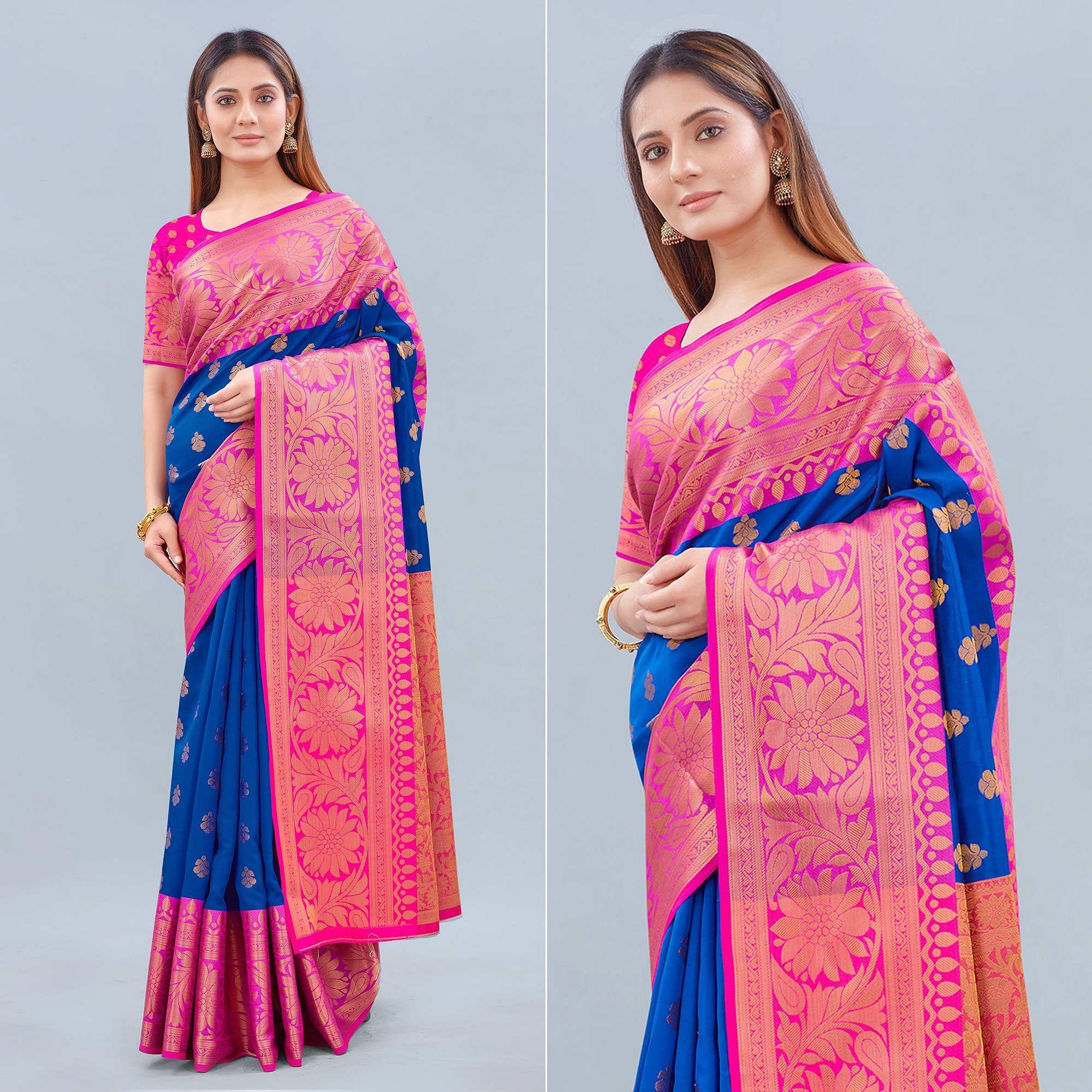 Royal Blue Woven Banarasi Silk Saree - Peachmode