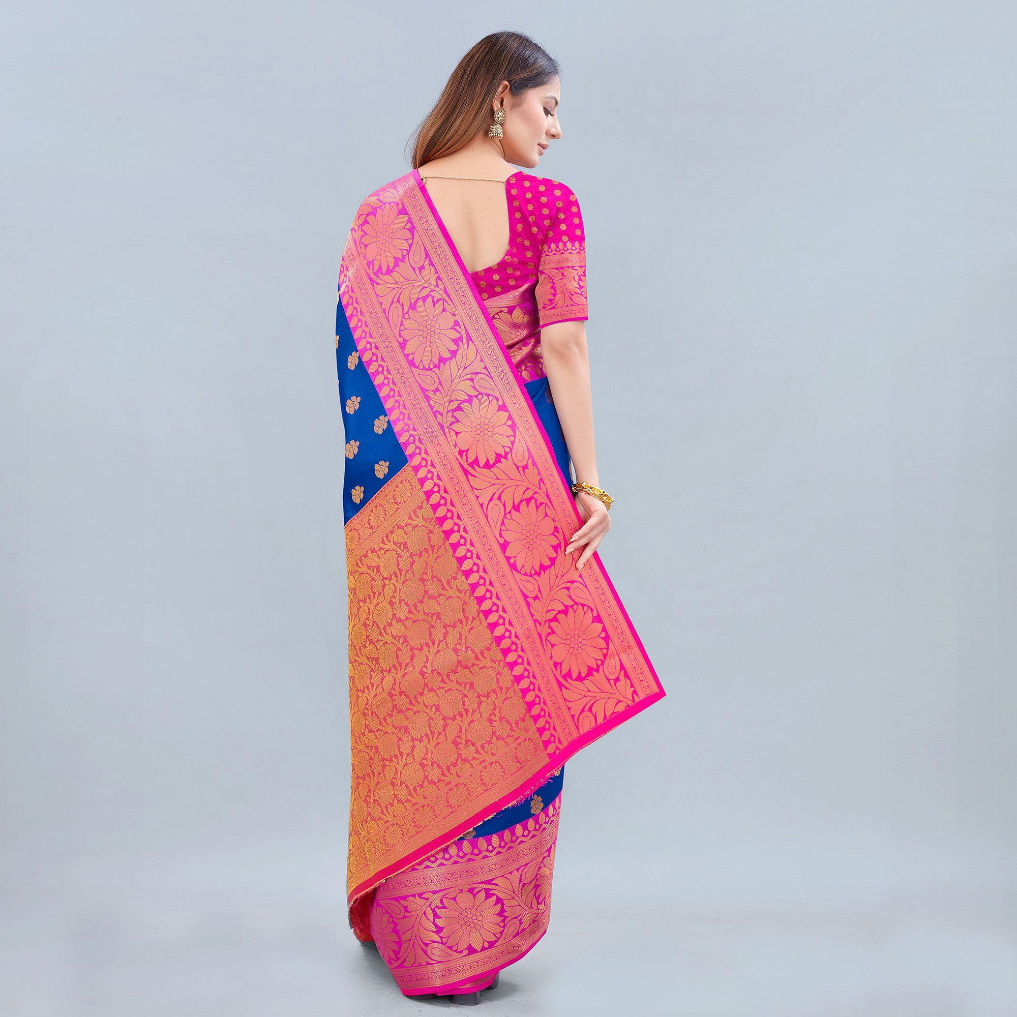 Royal Blue Woven Banarasi Silk Saree - Peachmode