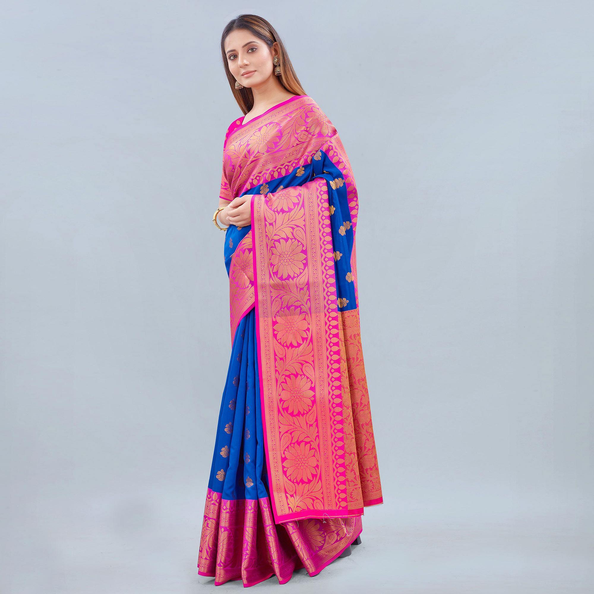 Royal Blue Woven Banarasi Silk Saree - Peachmode