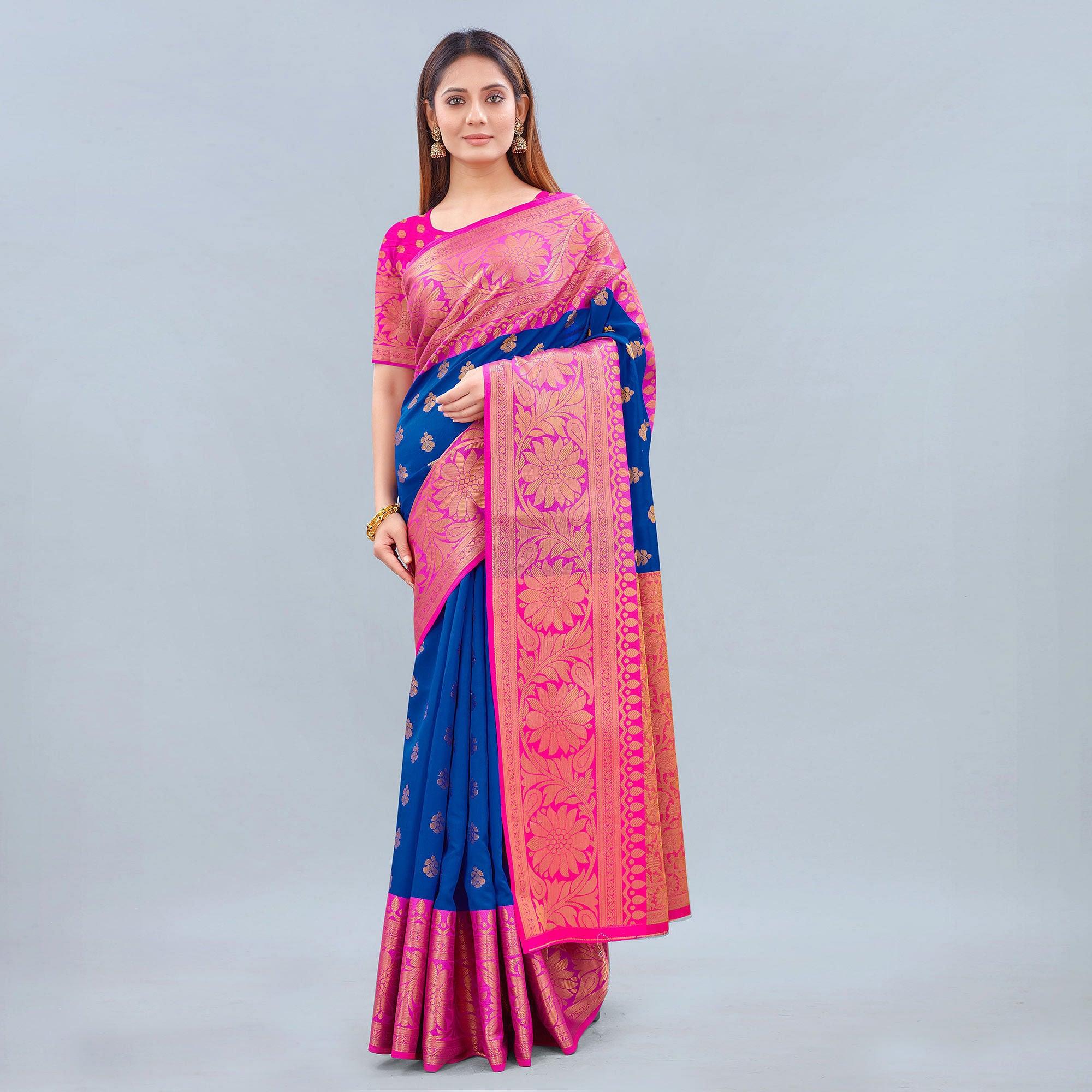 Royal Blue Woven Banarasi Silk Saree - Peachmode