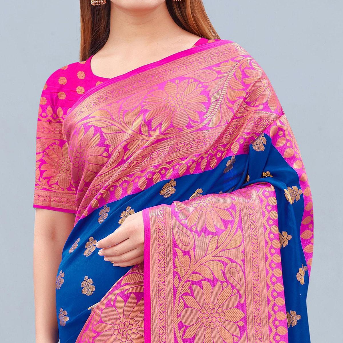 Royal Blue Woven Banarasi Silk Saree - Peachmode