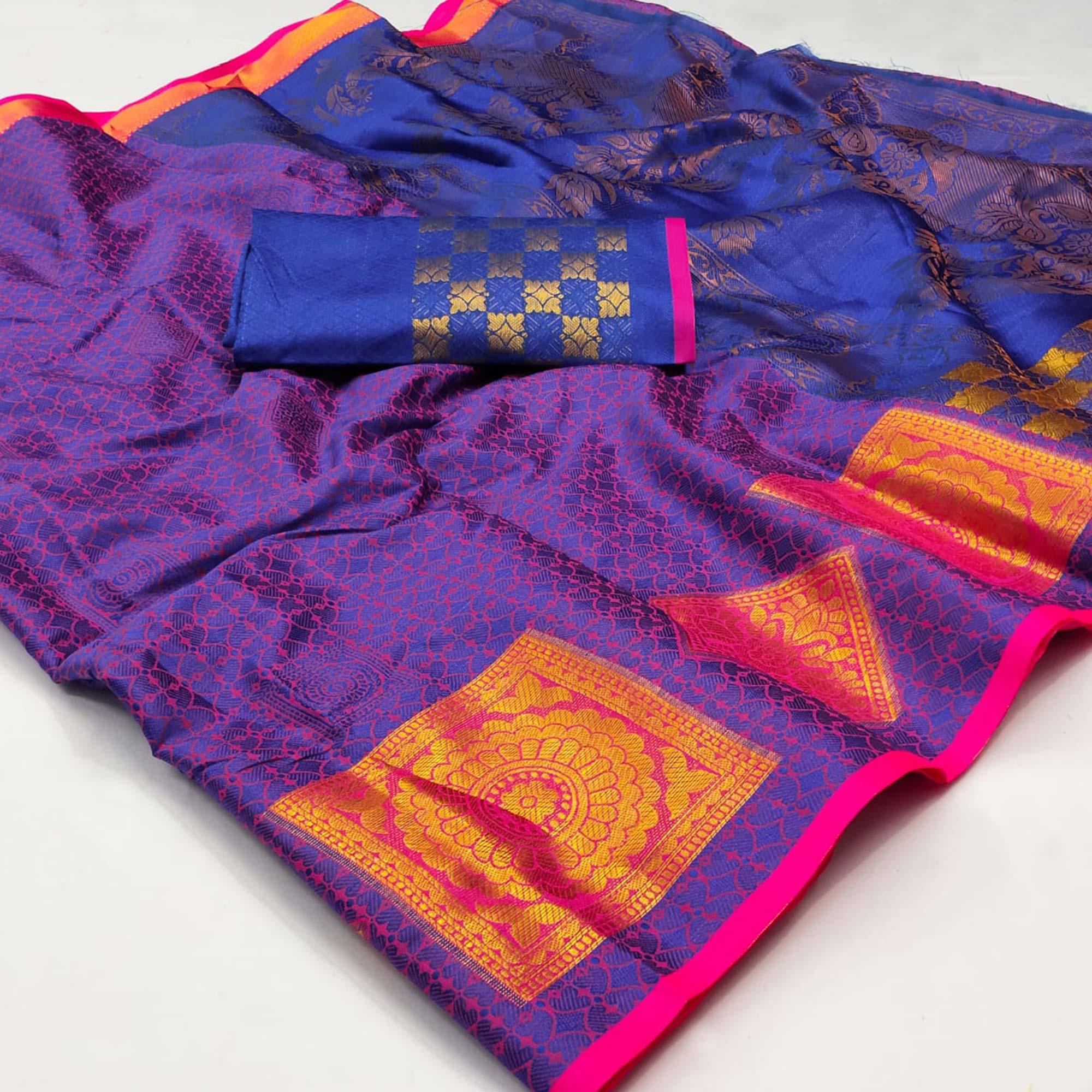 Royal Blue Woven Cotton Silk Saree - Peachmode