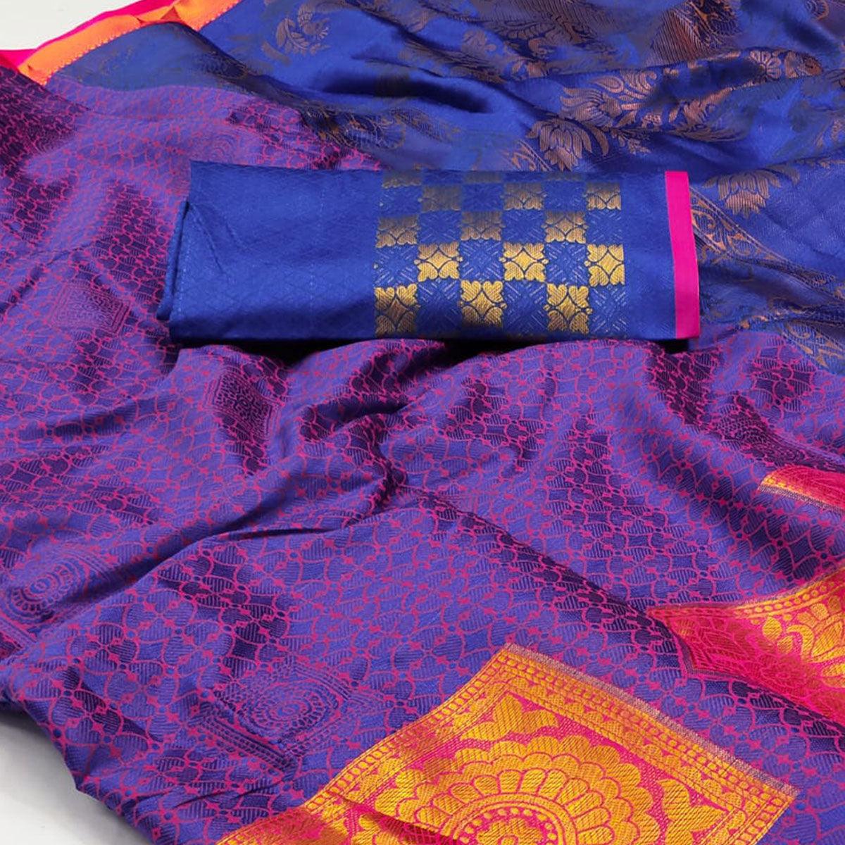 Royal Blue Woven Cotton Silk Saree - Peachmode