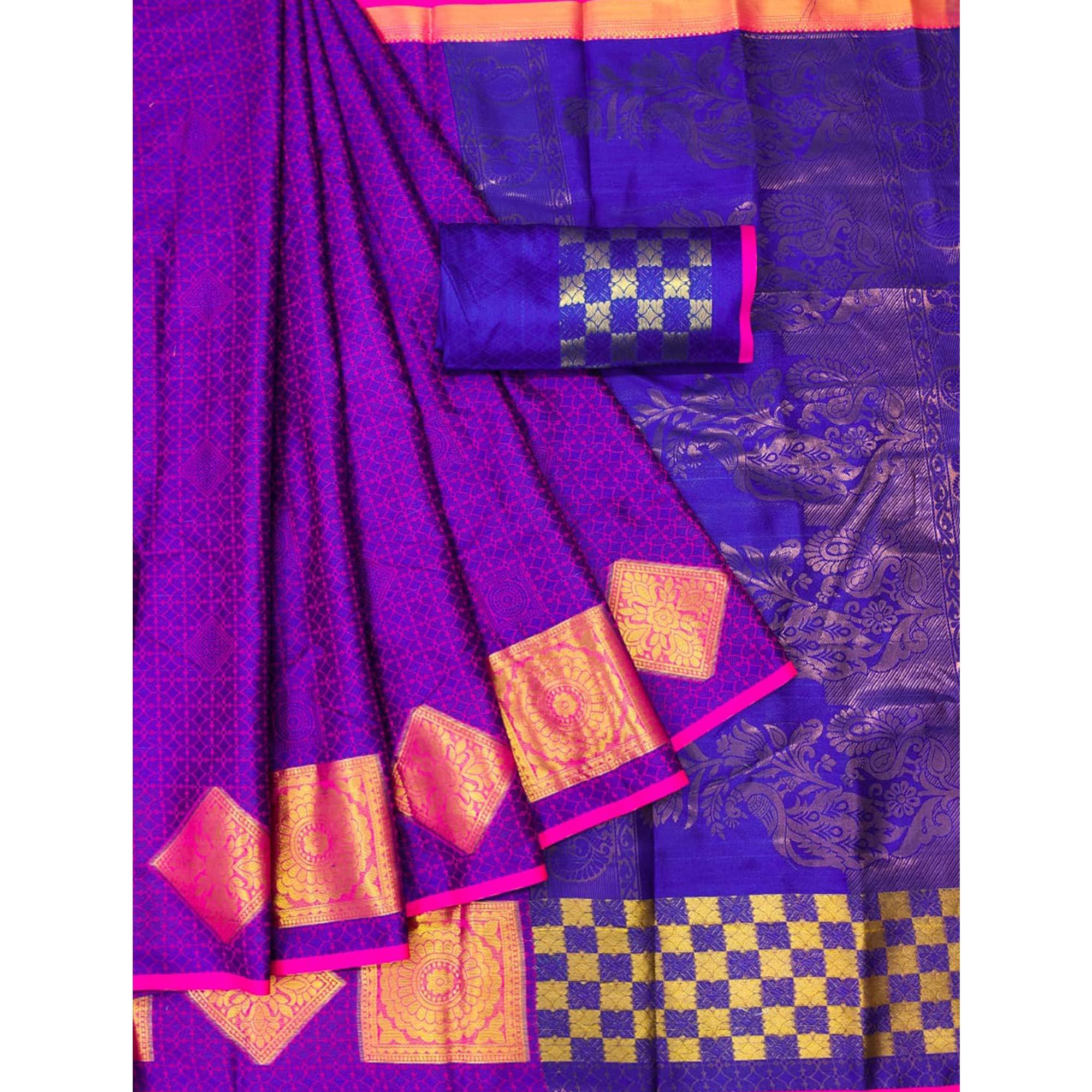 Royal Blue Woven Cotton Silk Saree - Peachmode