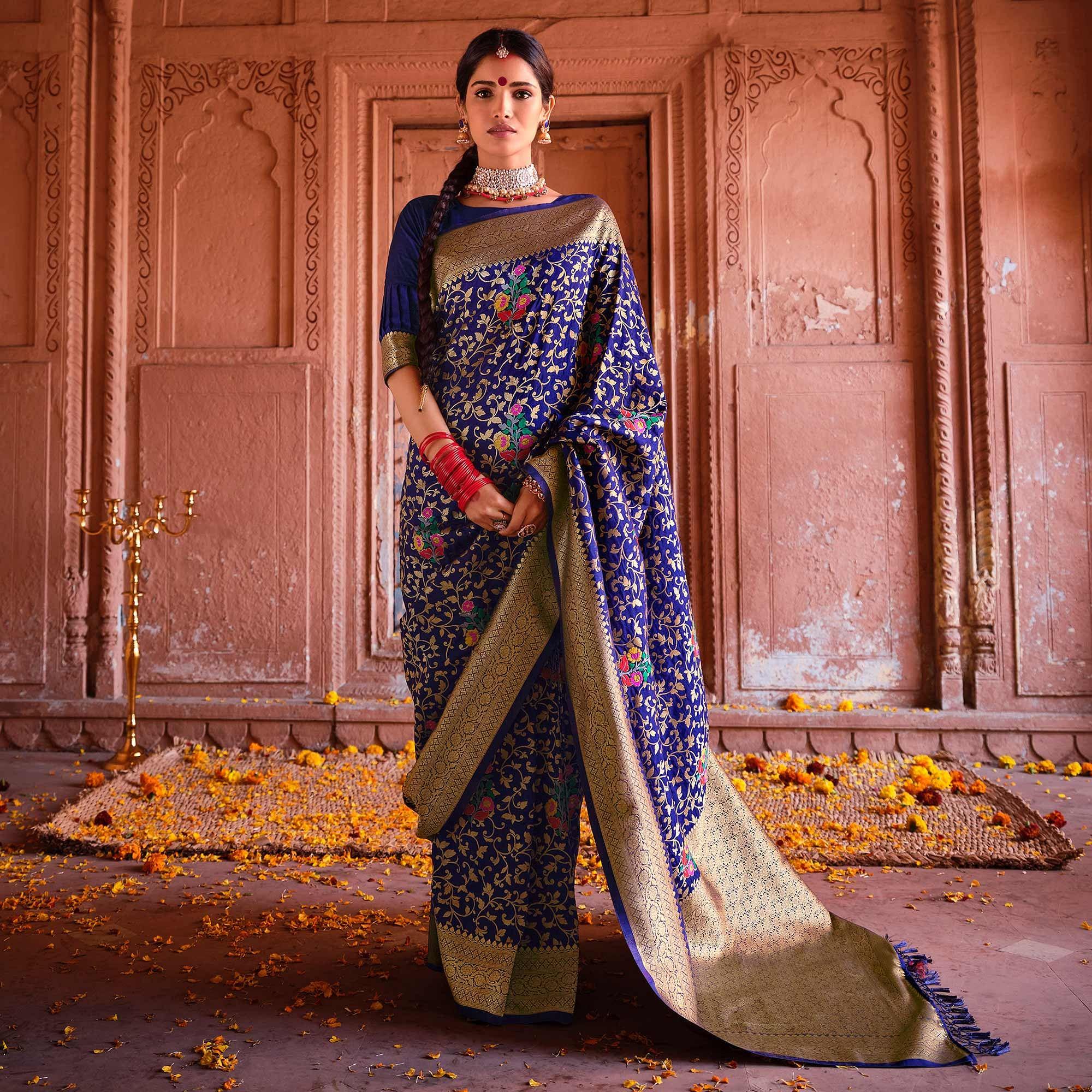 Royal Blue Woven Dola Silk Saree - Peachmode