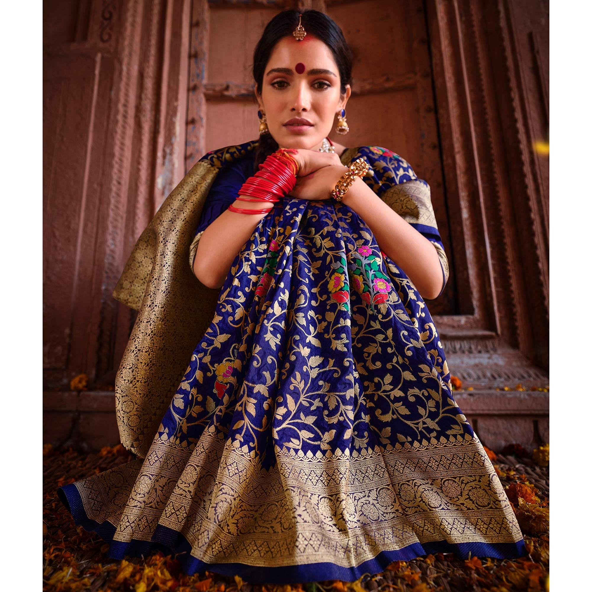 Royal Blue Woven Dola Silk Saree - Peachmode