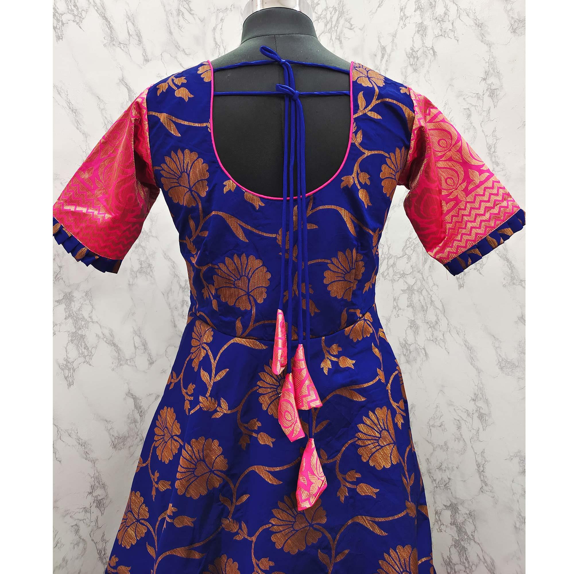 Royal Blue Woven Jacquard  Gown - Peachmode