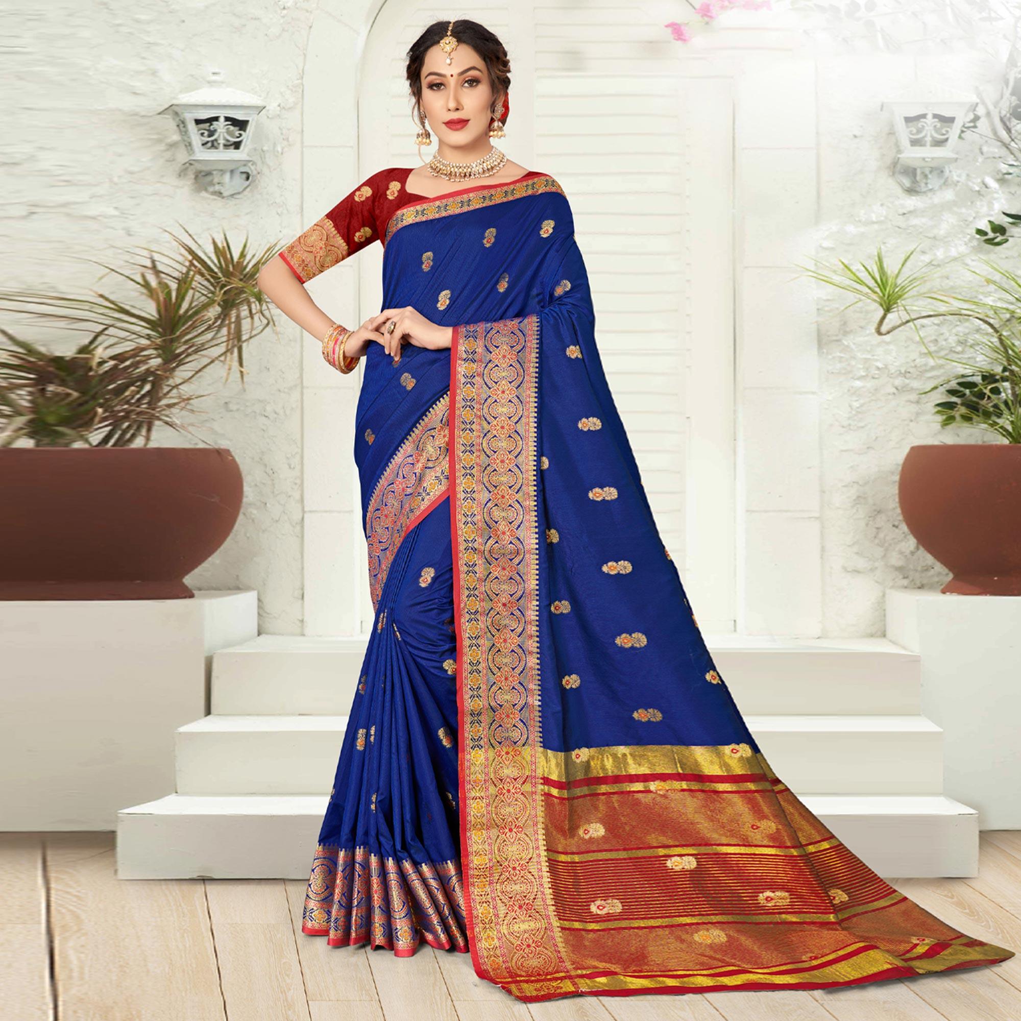 Royal Blue Woven Pure Silk Saree - Peachmode