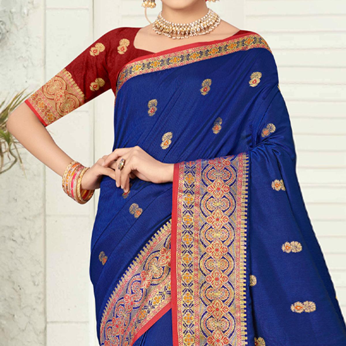 Royal Blue Woven Pure Silk Saree - Peachmode