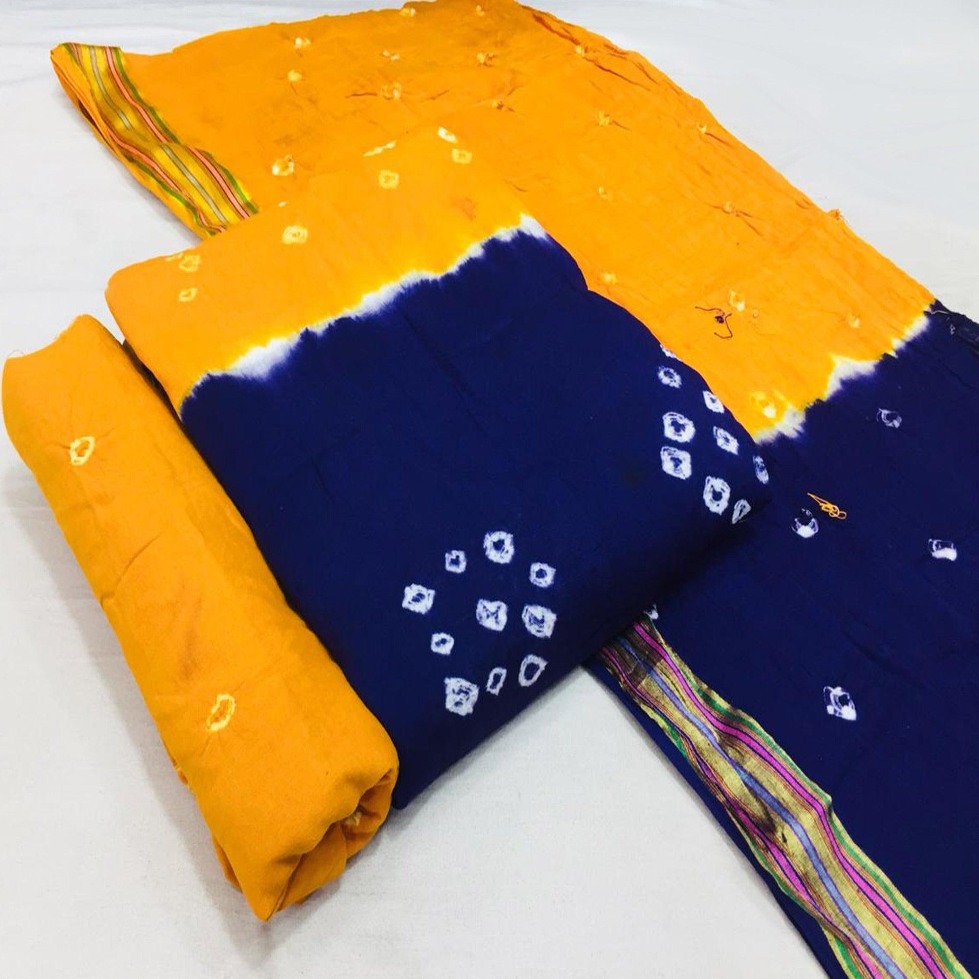 Royal Blue-Yellow Bandhani Printed Cotton Blend Dress Material - Peachmode