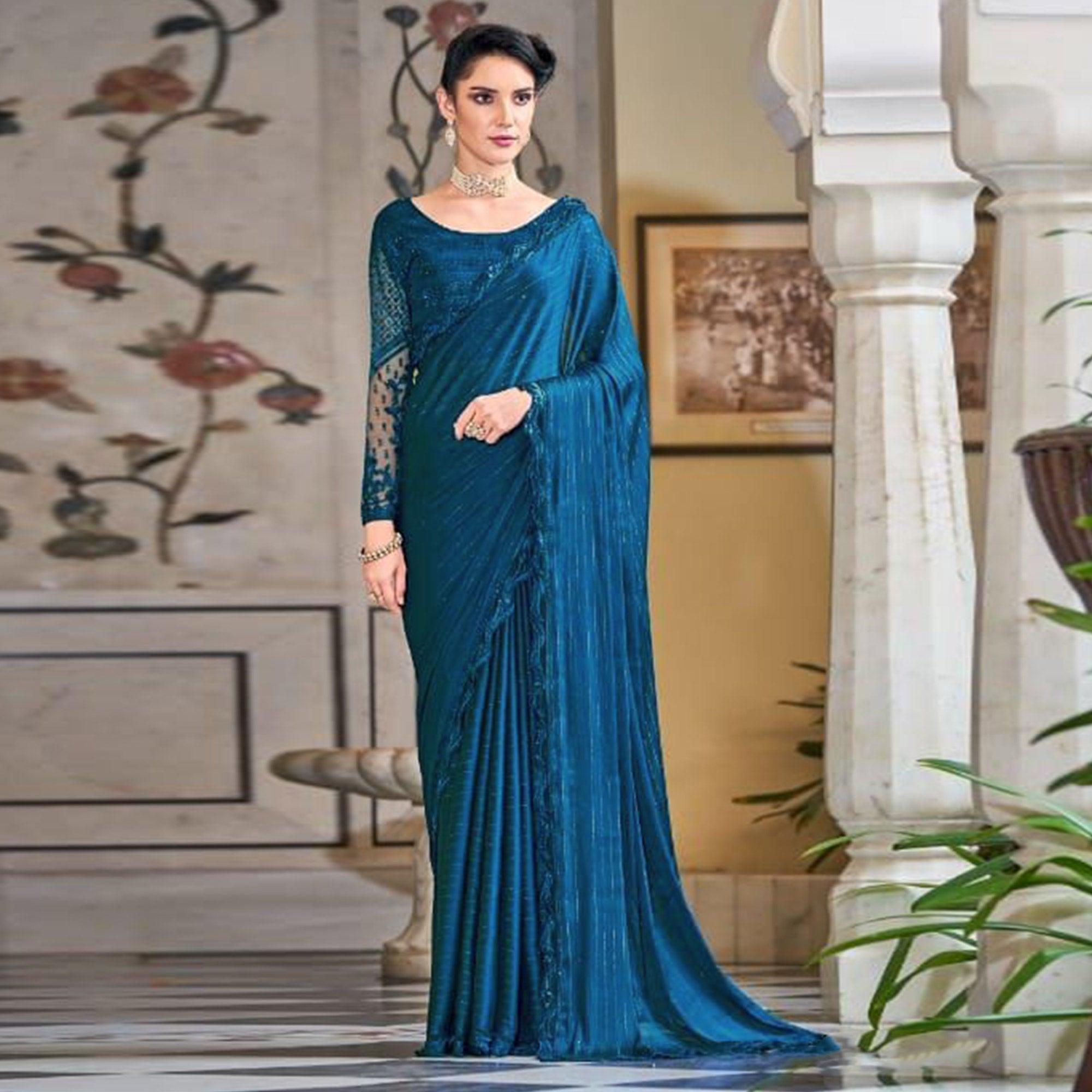 Royal Blue Zari Striped Art Silk Saree - Peachmode