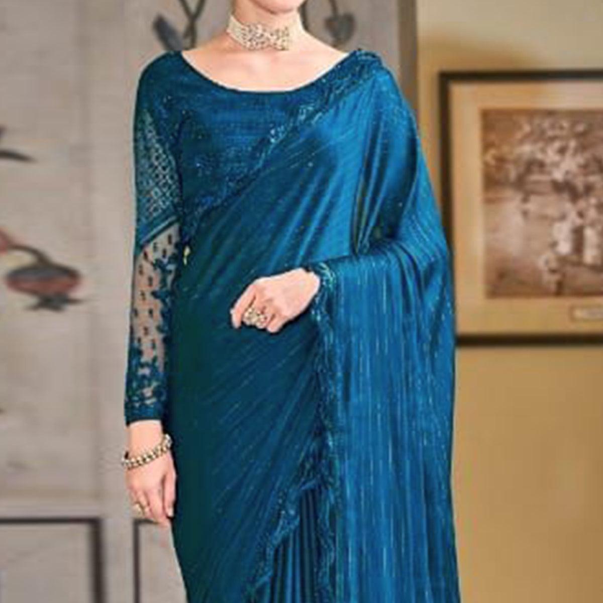 Royal Blue Zari Striped Art Silk Saree - Peachmode