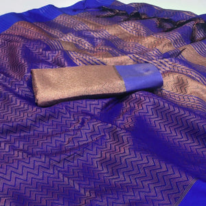 Royal Blue Zig Zag Woven Cotton Silk Saree - Peachmode