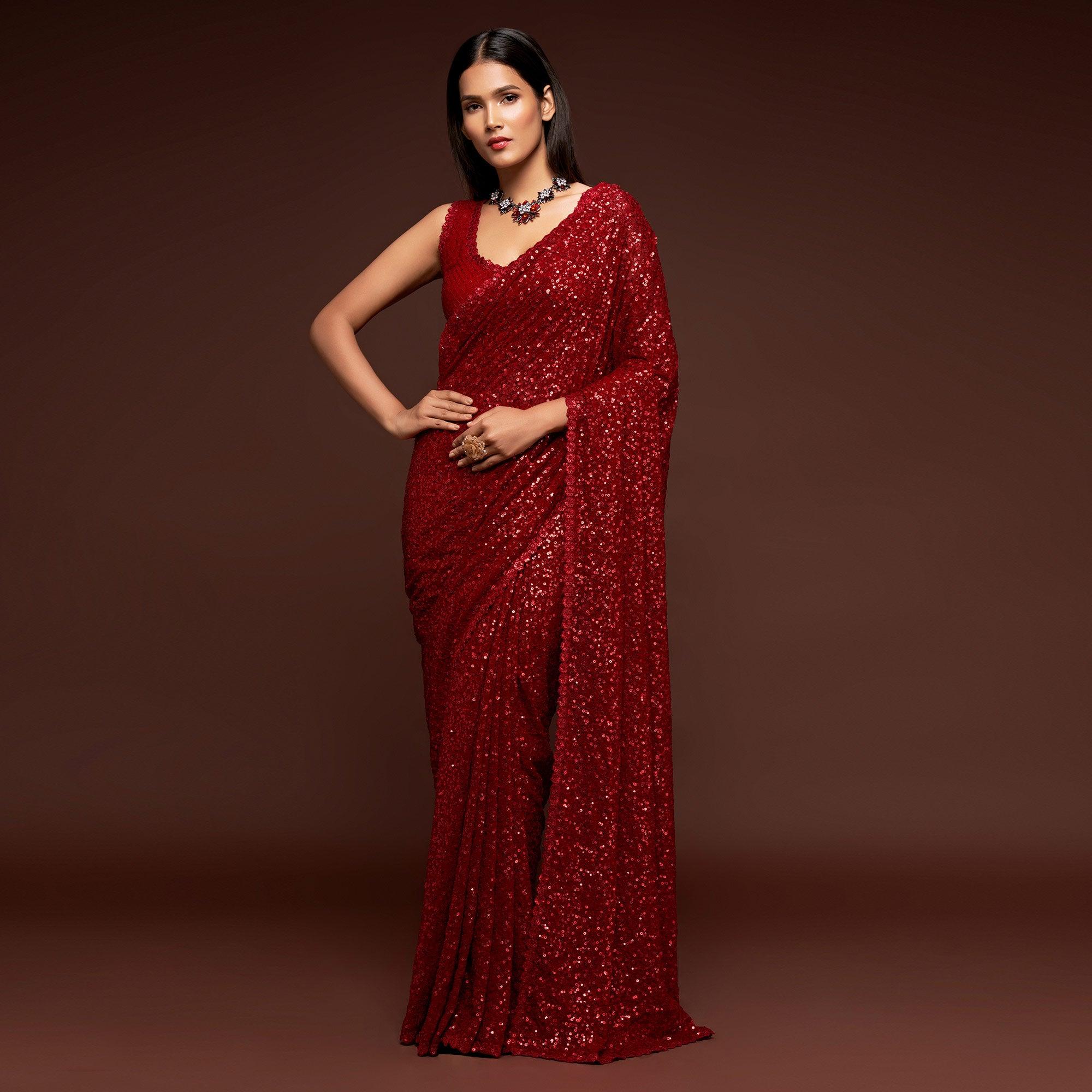 Ruby Red Partywear Thread & Sequins Embroidered Georgette Saree - Peachmode